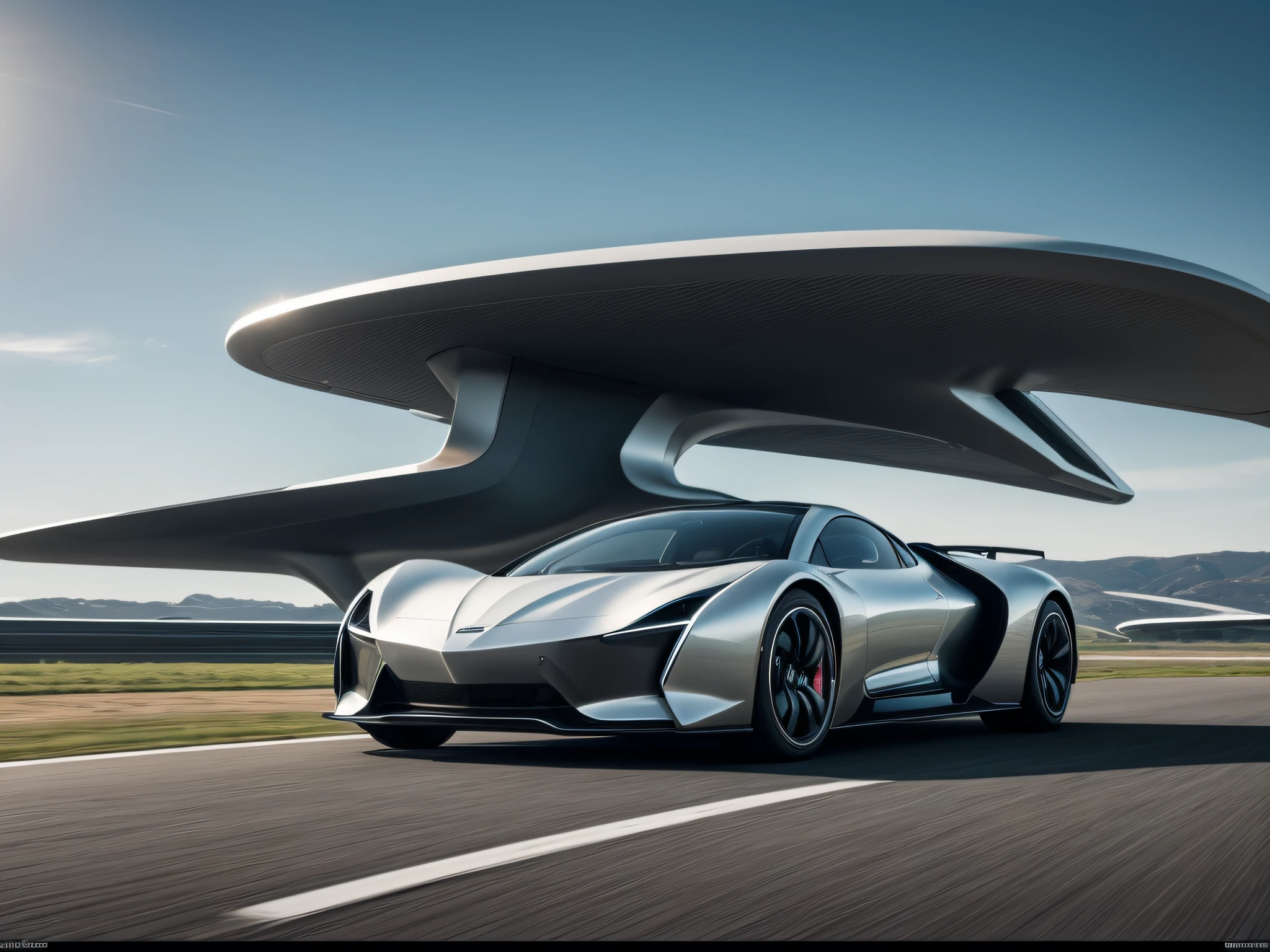 Capture the innovative concept of a car designed to fly, resembling a drone, with the Nikon D850 and the Nikkor 24-70mm f/2.8E ED VR lens. Position yourself at an angle that emphasizes the car's aerodynamic shape and futuristic features. Experiment with different perspectives to showcase the car's sleek design, including its streamlined body, wings, and propellers. Use a fast shutter speed to freeze the motion of the car in mid-air, creating a sense of excitement and dynamism. Pay attention to the details of the car's construction, highlighting the technology and engineering behind its ability to fly. Utilize natural or artificial lighting to accentuate the car's metallic finish and showcase its futuristic aesthetics. This photograph captures the imagination and hints at the possibility of a future where cars can take to the skies, revolutionizing transportation as we know it.