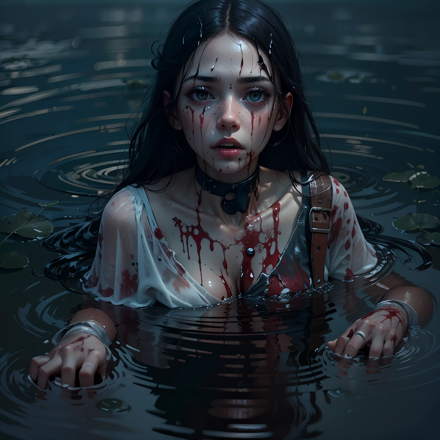 drowned dead girl floating on the surface of a lake, 19 years old, palid skin, black hair, whitish and bulging eyes, bloody puddle, bloody dress, filthy torn dress, filthy water, night time, darkness, (fog: 1.2), (mist: 1.4), (creepy: 1.5), UHD, high details, best quality, highres, 8k