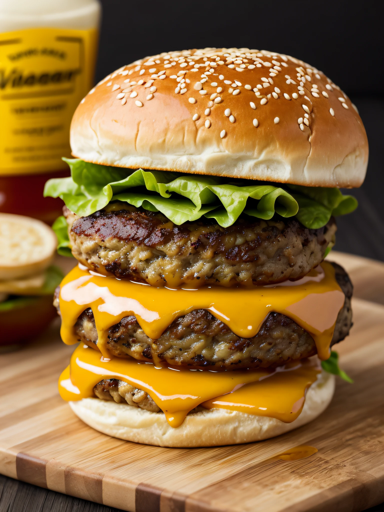 Capture the mouthwatering deliciousness of a hamburger with the Nikon D850 and the Nikkor 24-70mm f/2.8E ED VR lens. Position the hamburger in an appealing arrangement, ensuring that all its delectable ingredients are visible. Experiment with angles and perspectives to showcase the juicy patty, the melted cheese, the fresh lettuce, and the perfectly toasted bun. Use natural lighting or soft diffused lighting to enhance the colors and textures of the hamburger. Pay attention to details such as the glistening condiments and the sesame seeds on the bun. This image will evoke cravings and tempt the taste buds, showcasing the beauty of a well-crafted hamburger.