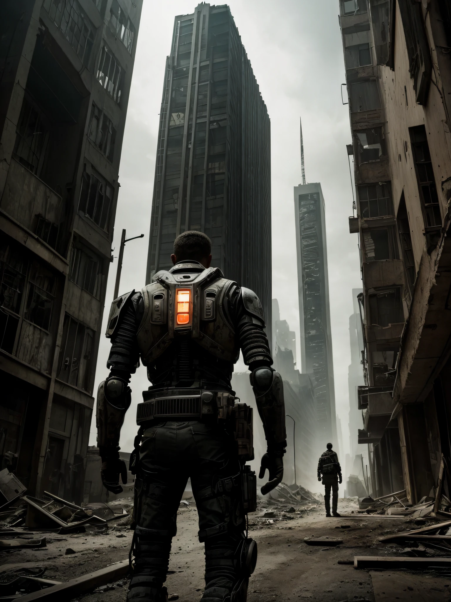 Capture the eerie atmosphere of a post-apocalyptic city as a man gazes at a robot in the distance with the Nikon D850 and the Nikkor 24-70mm f/2.8E ED VR lens. Position yourself to frame the scene with the remnants of crumbling buildings and desolate streets. Place the man in the foreground, his expression reflecting a mix of curiosity and wariness as he encounters the robot. Experiment with composition to create a sense of scale, emphasizing the contrast between the human figure and the mechanical being. Utilize lighting to enhance the dystopian mood, casting shadows and highlighting the worn textures of the environment. This image captures a moment of uncertainty and tension, representing the intersection of humanity and technology in a post-apocalyptic world.