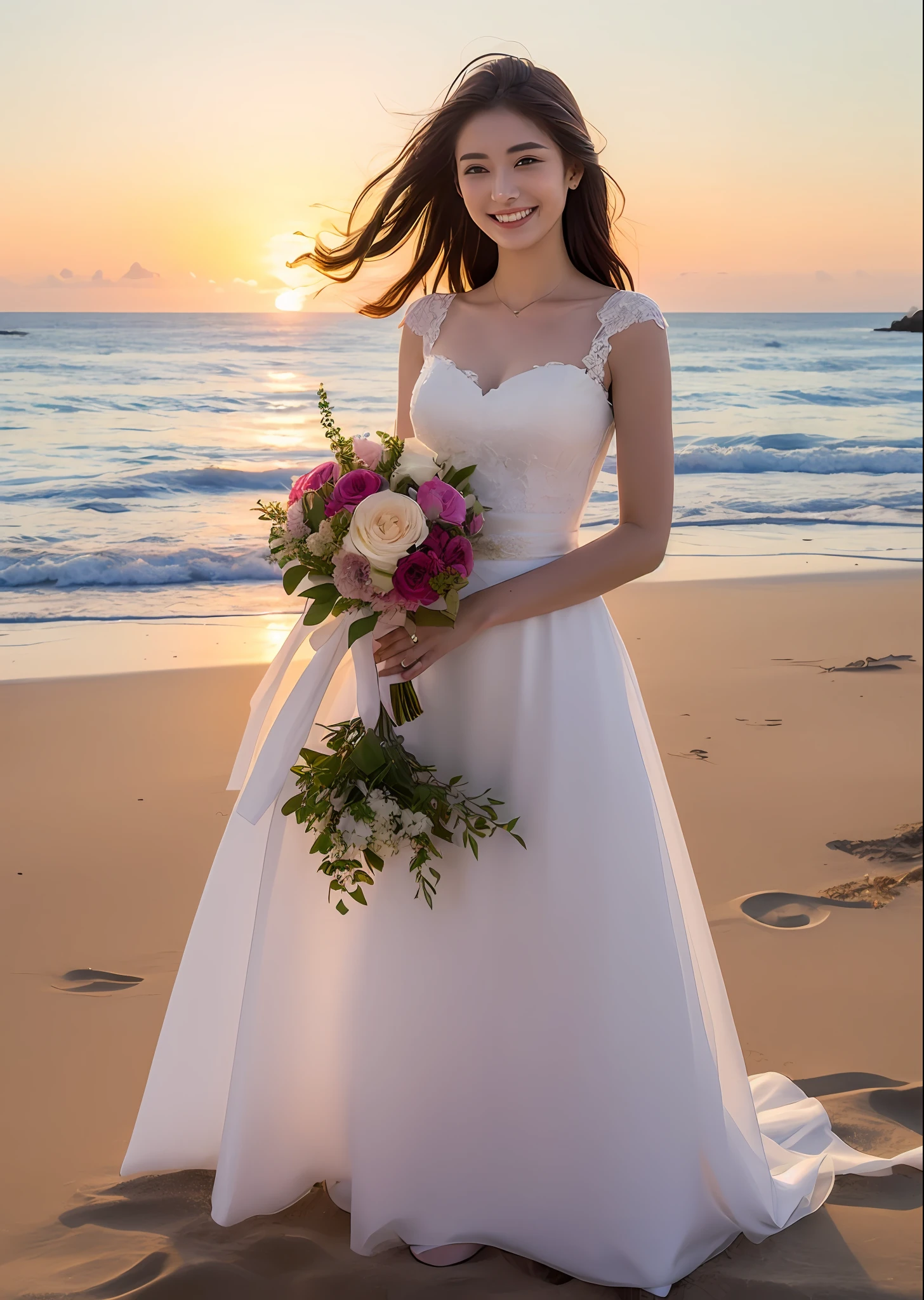 ((top-quality、masterpiece:1.3)), fullllbody, long legged, foco nítido:1.2, Cute woman with perfect body shape smiling face:1.4, Slender Abs:1.1, ((dark brown hair、hugetits:1.2)), (White gorgeous lace long wedding dress、bouquet、White veil:1.4、White high heels、holding the bouquet with both hands、Standing alone), ((Beach at sunset:1.3)), Highly detailed facial and skin texture, A detailed eye, 二重まぶた、hugetits