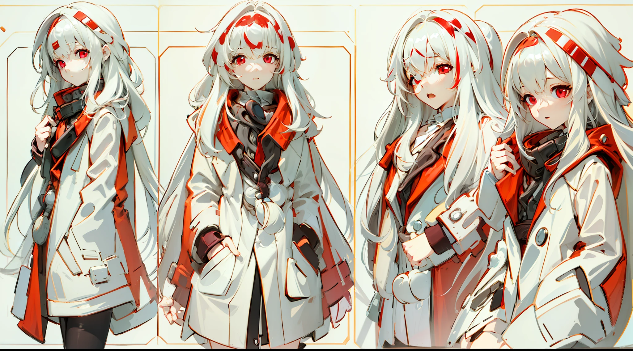 one-girl,White color hair,Red eyes,Bare legged,long whitr hair,Red coat,