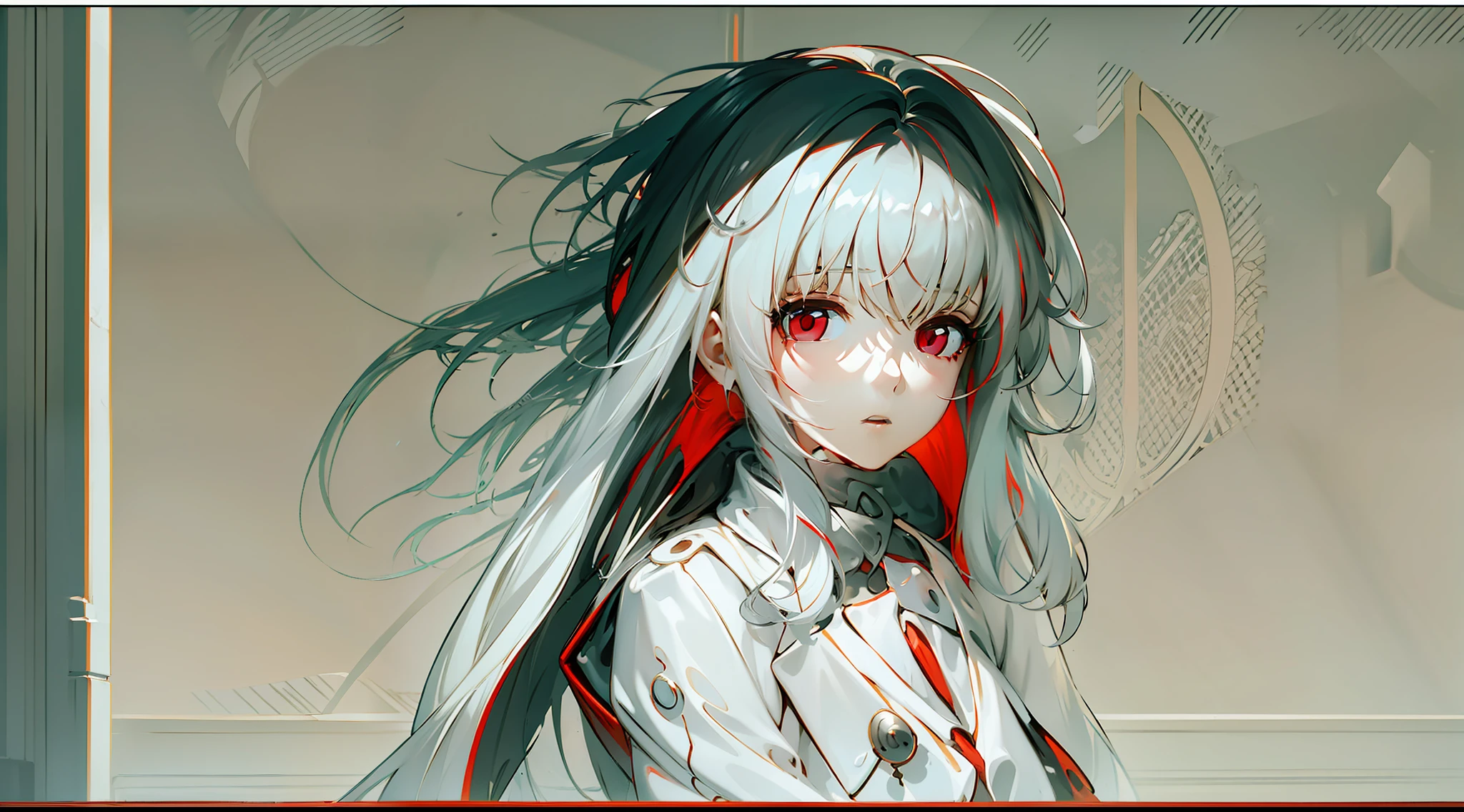 one-girl，White color hair，Red eyes，Bare legged，long whitr hair，Red coat,