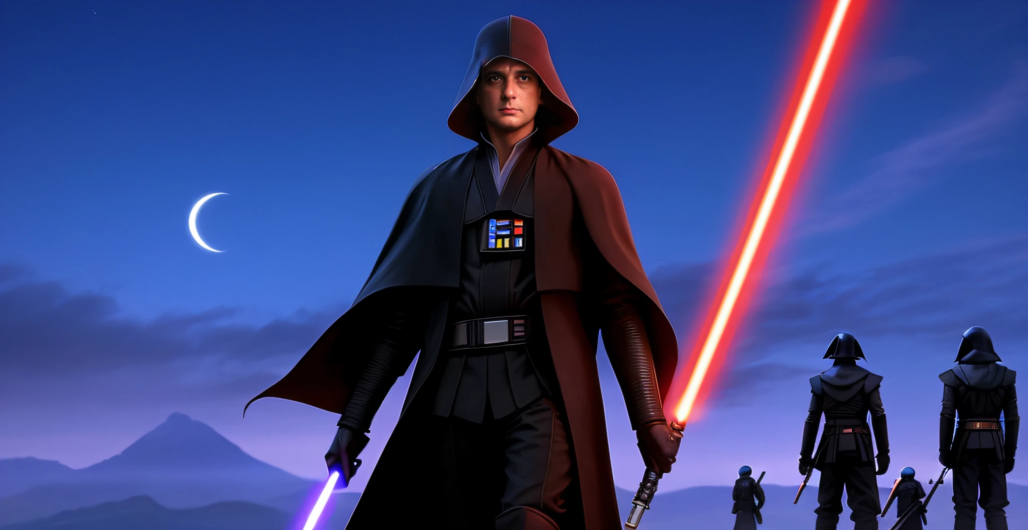 (obra prima), realista, Star Wars Episode VI Return of the Sith Lords, Anakin Skywalker, vestindo vestes pretas sith, vestindo uniforme sith preto, um Lorde Sith, With the young army behind him, vestindo vestes jedi marrons, Senhor Sith encapuzado encapuzado, vestindo vestes escuras, usando capuz sith