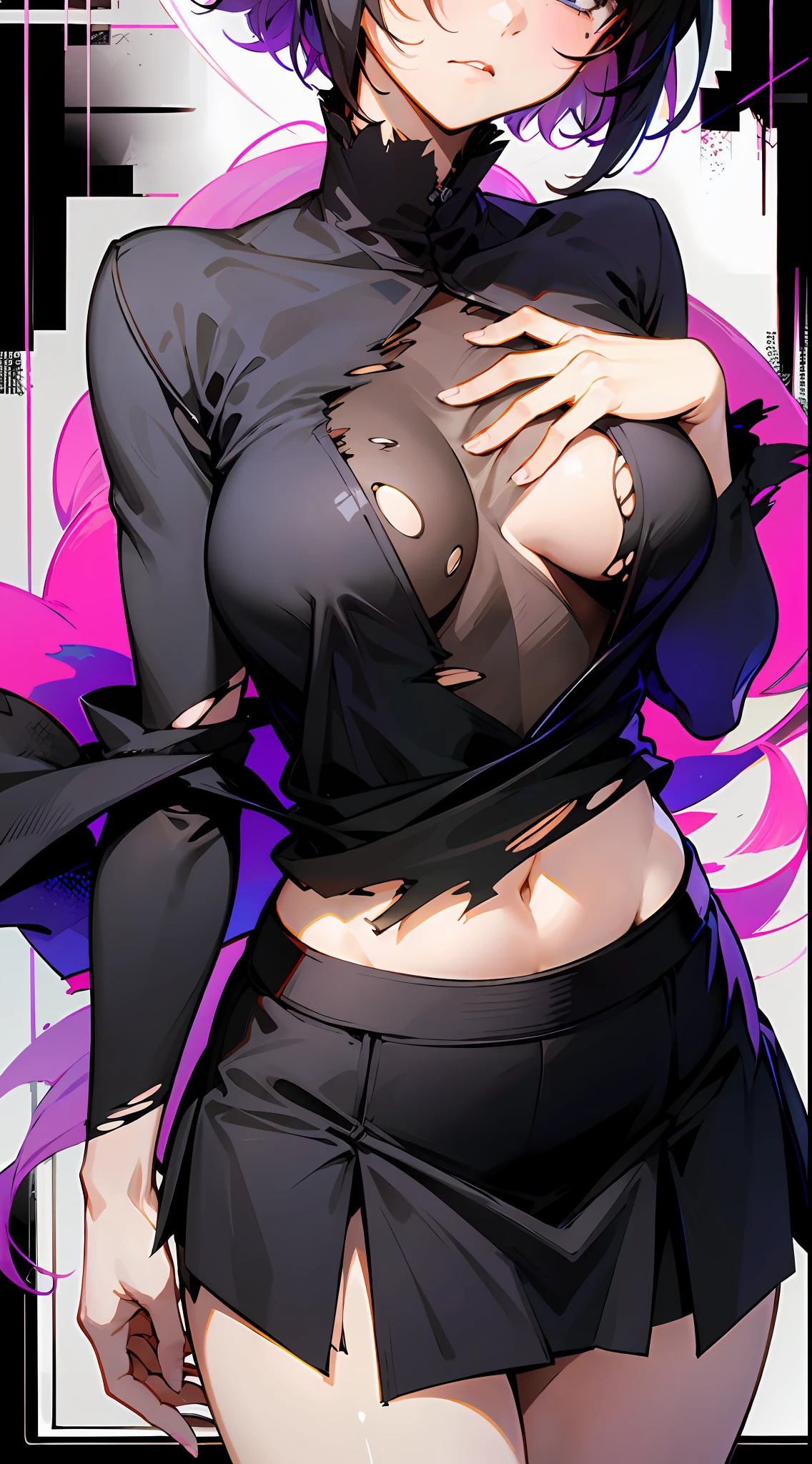 Anime girl with black hair and black top and black skirt, from girls frontline, digital art from danganronpa, 2b, 2 b, Fine details. Girl Front, kda, Ilya Kuvshinov. 4 k'', persona 5 art style wlop, Extremely detailed Artgerm, heavy gesture style closeup, Style Artgerm, an oppai cyberpunk