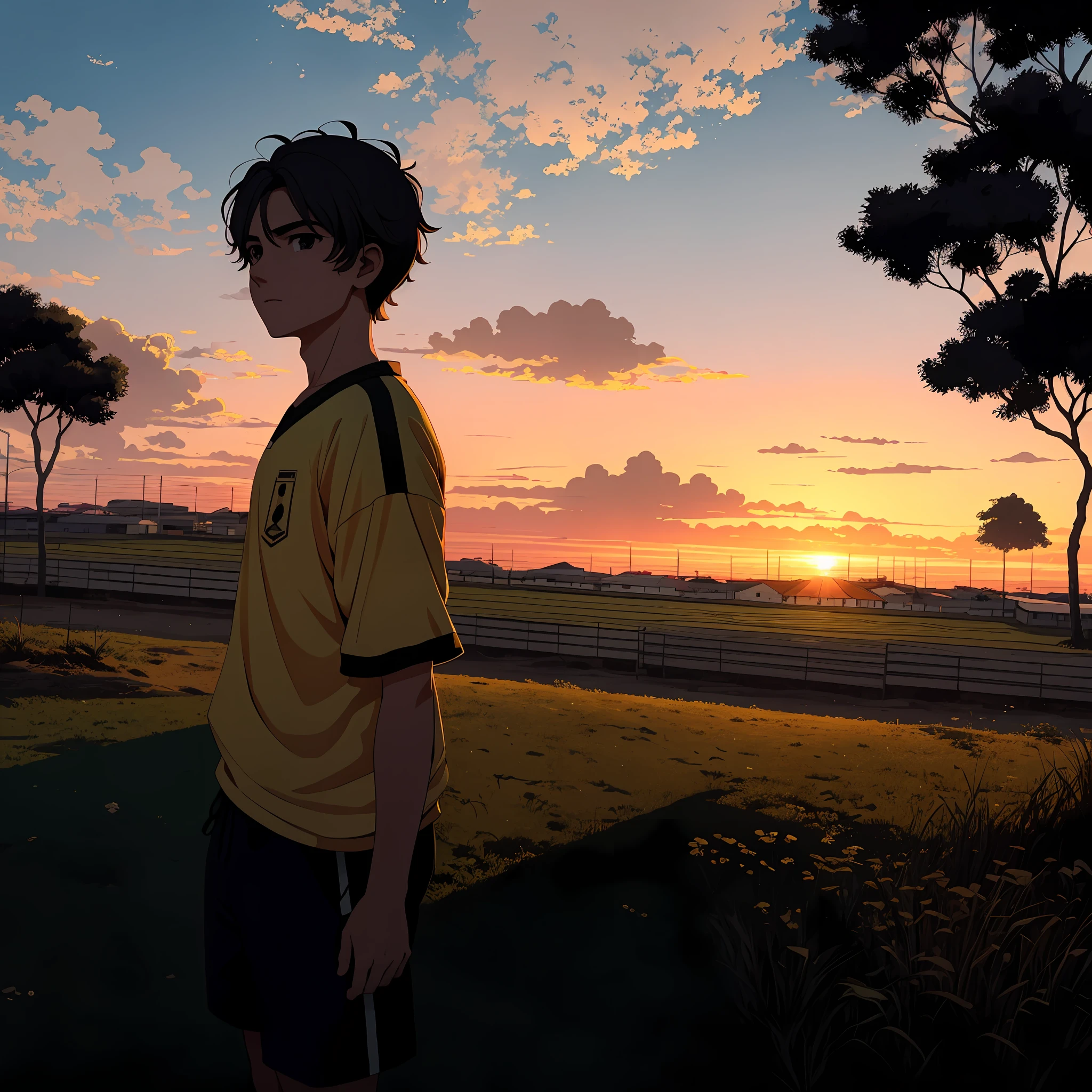garoto sentado em um campo, com por do sol ao fundo, passaros, alta qualidade, 4k, 8k, anime, lofi anime,
