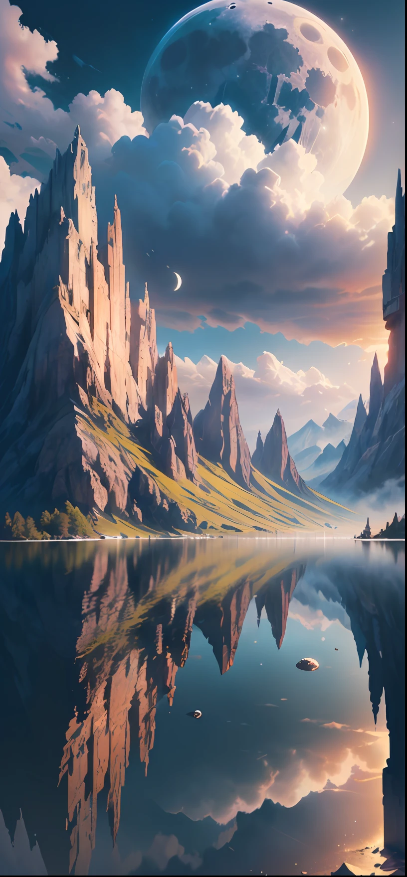 (Anime style) mountains and a lake with a moon in the sky, 4k highly detailed digital art, 4 k hd wallpaper very detailed, impressive fantasy landscape, sci-fi fantasy desktop wallpaper, unreal engine 4k wallpaper, 4k detailed digital art, sci-fi fantasy wallpaper, epic dreamlike fantasy landscape, 4k hd matte digital painting, 8k stunning artwork