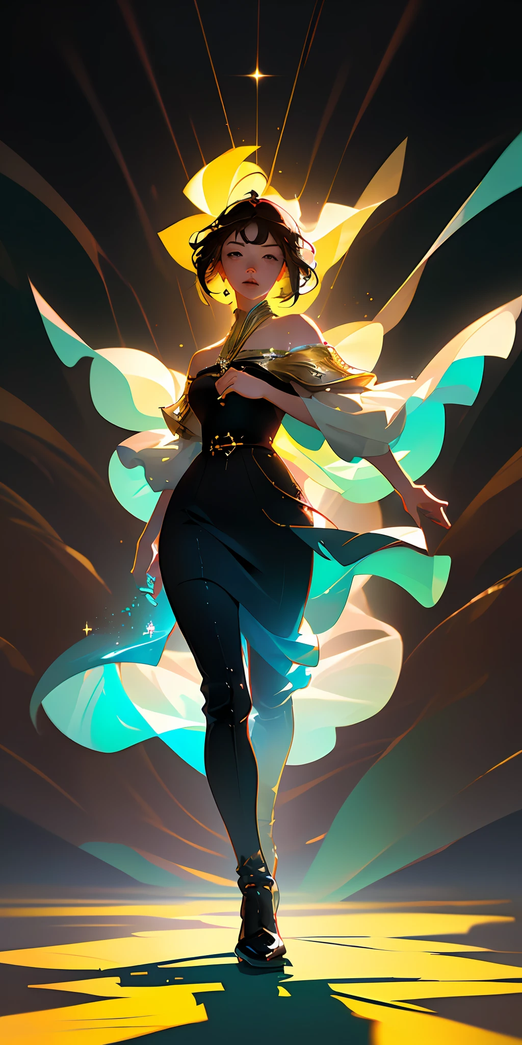 (8k, RAW photo, best quality, masterpiece: 1.2), ((best quality)), ultra high resolution, extremely detailed 8k, physics-based rendering, cinematic lighting, full body, (bokeh: 1.4), ((((1girl))), closed face
Black-haired girl with multicolored shines, surrounded by a golden, heavenly, beautiful, bright aura,