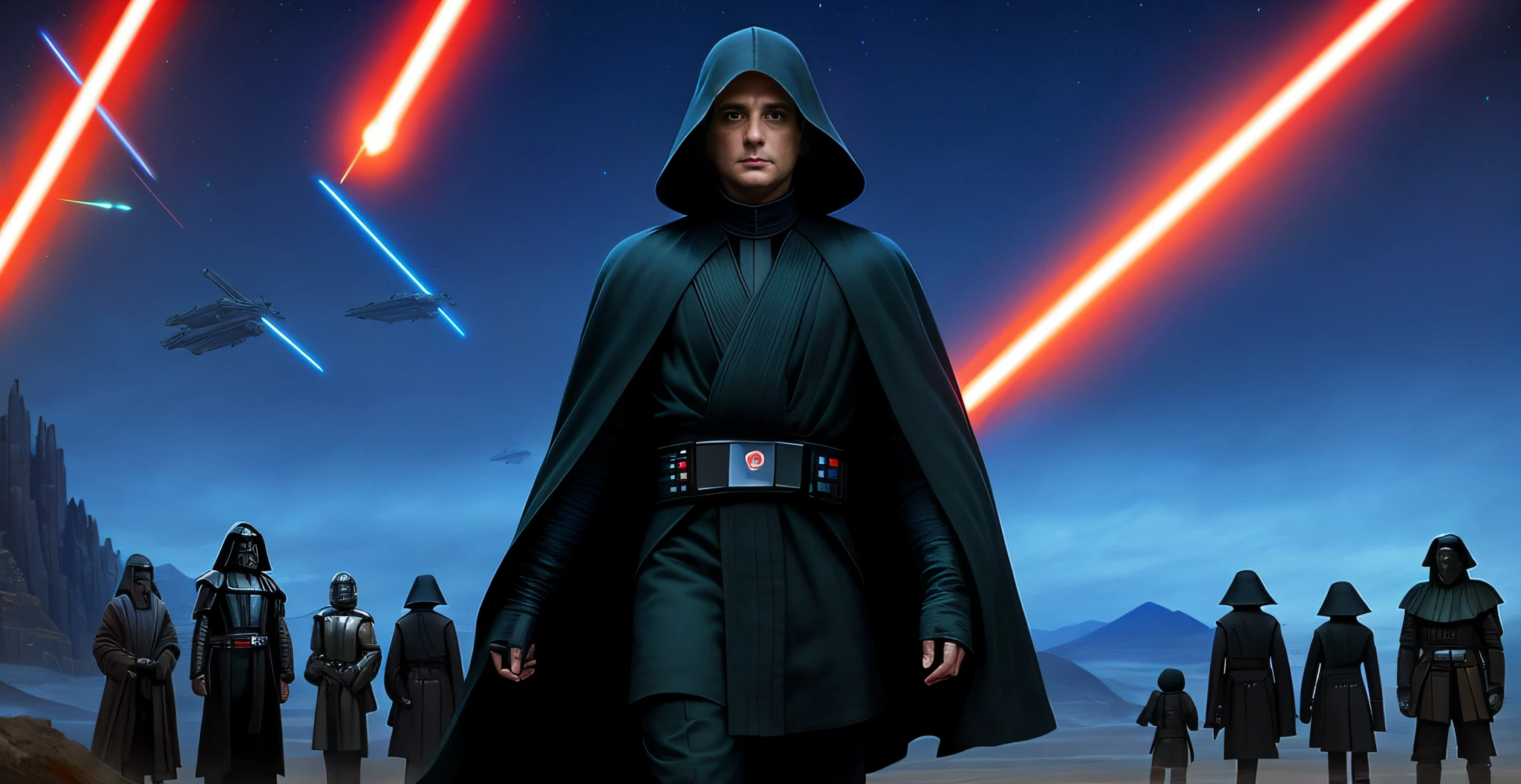 (obra prima), realista, fotografia, olhando para a camera, Star Wars Episode VI Return of the Sith Lords, Anakin Skywalker, vestindo vestes pretas Sith, vestindo uniforme Sith preto, um Lorde Sith, With the young army behind him, vestindo vestes jedi marrons, Senhor Sith encapuzado encapuzado, vestindo vestes escuras, usando capuz sith, menacingly,