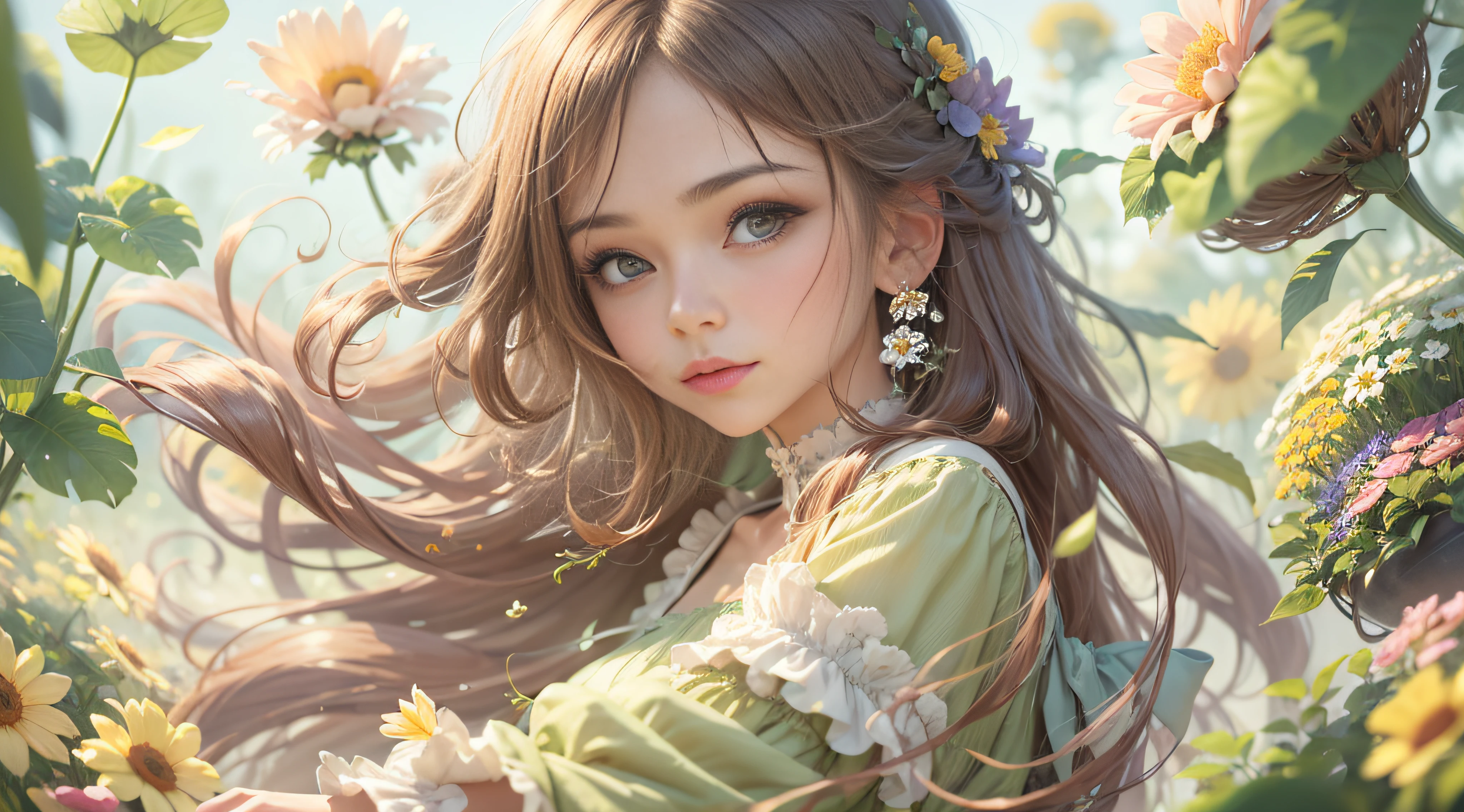 a beautiful girl, hair floating, in flower garden