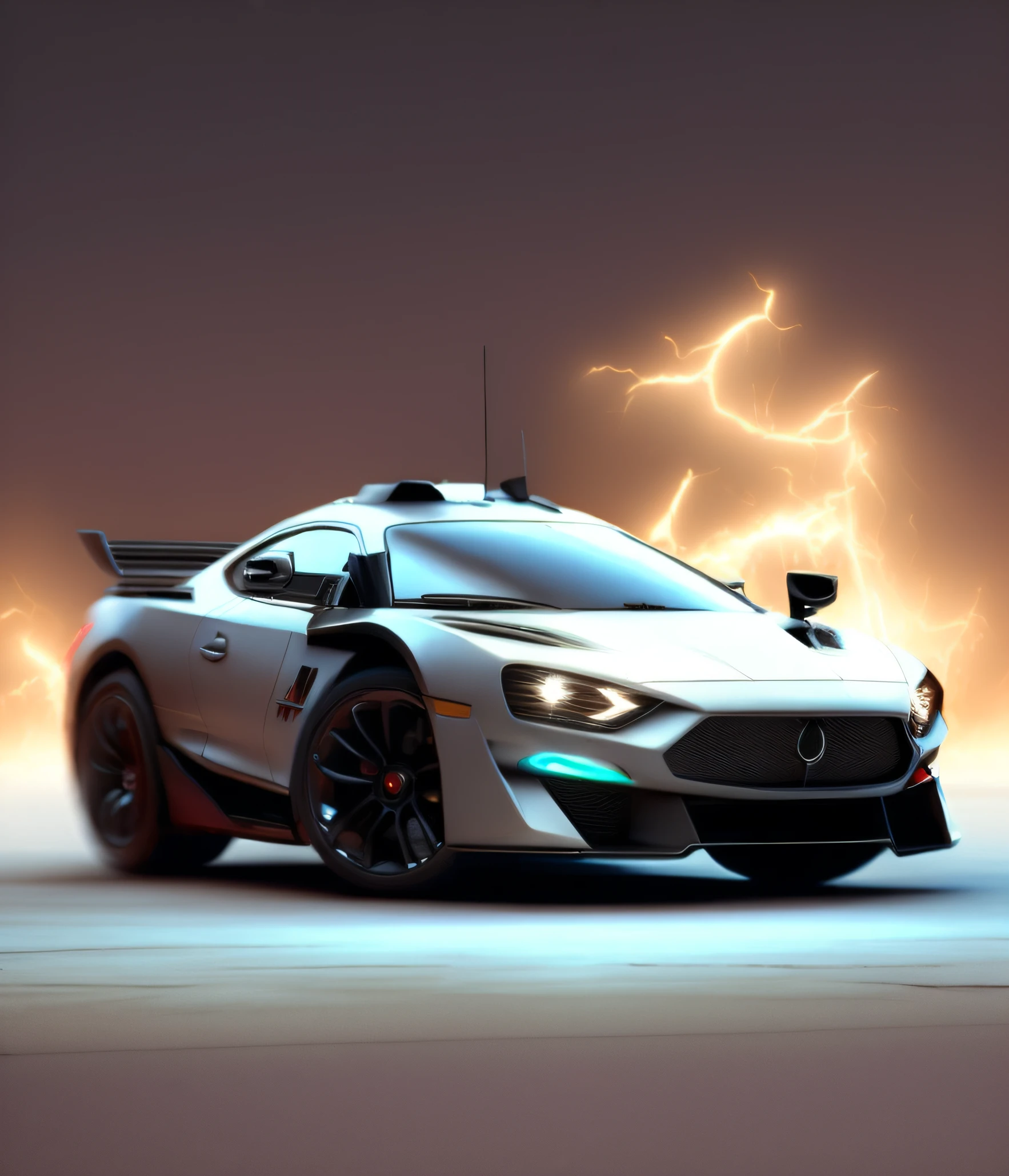 Cinematic shot of a futuristic car, lindo realista, rodeado de fuego, sin costuras, epic, Kinematic, detalles intrincados, galardonados, Great lighting, sombreado, alta calidad, detallado