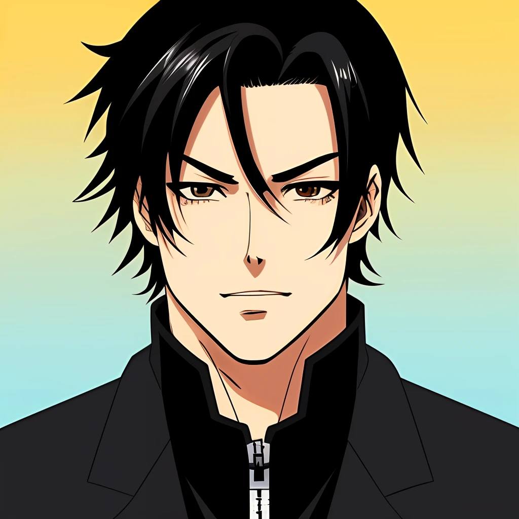 Personagem masculina de anime, olhos castanhos, pele morena, cabelo preto