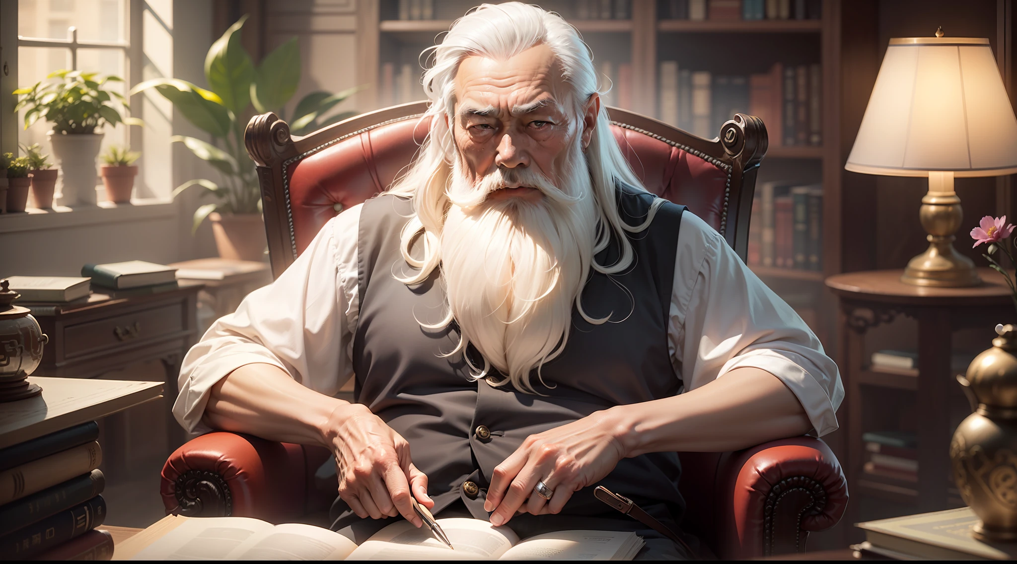 Chinese Elder man seated on a chair, old and wrinkled, long white hair and beard, library, large window in background, fantasy, wonder, amazing, bright office or study, backlighting, bloom, light sparkles, sharp focus, 8k