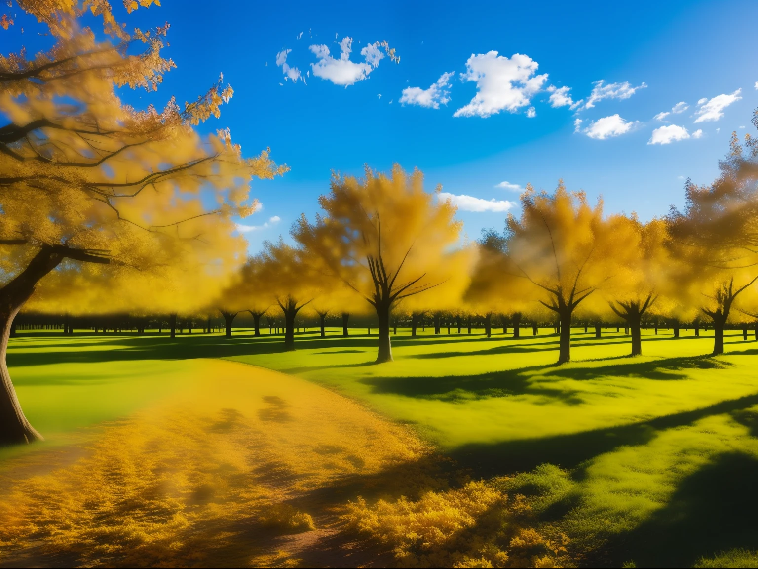 arte de fantasia, Orchard of trees with golden leaves, blue skies