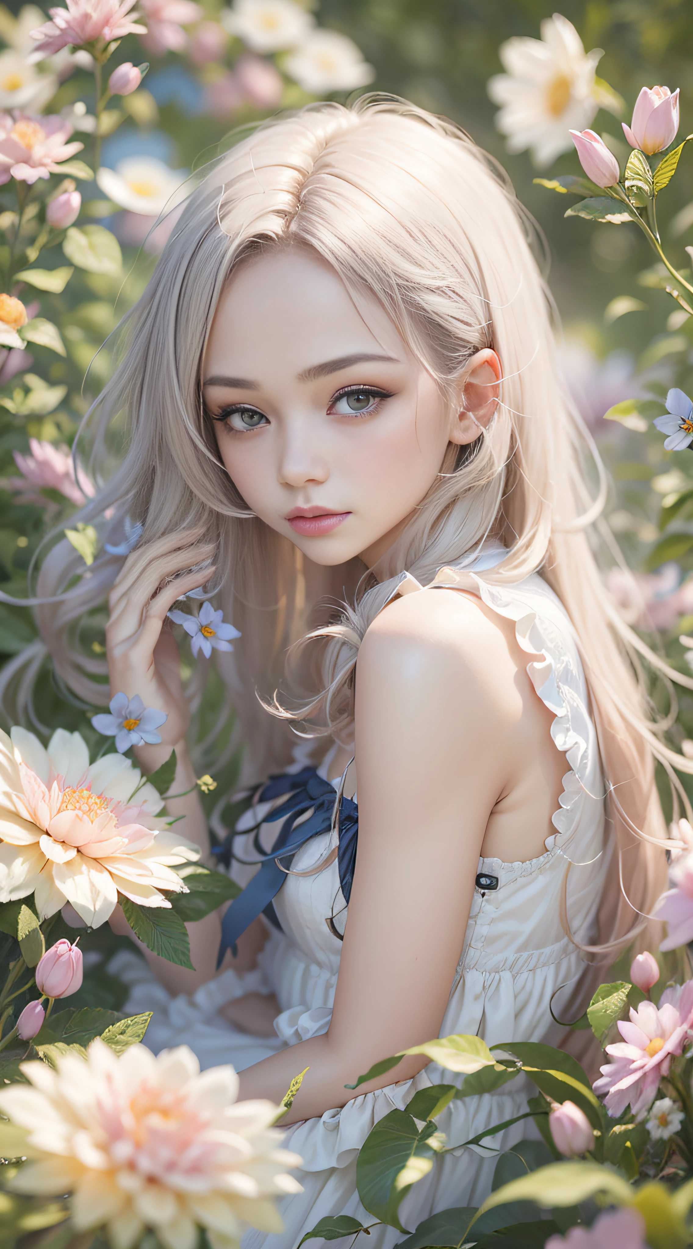 a beautiful girl, hair floating, in flower garden