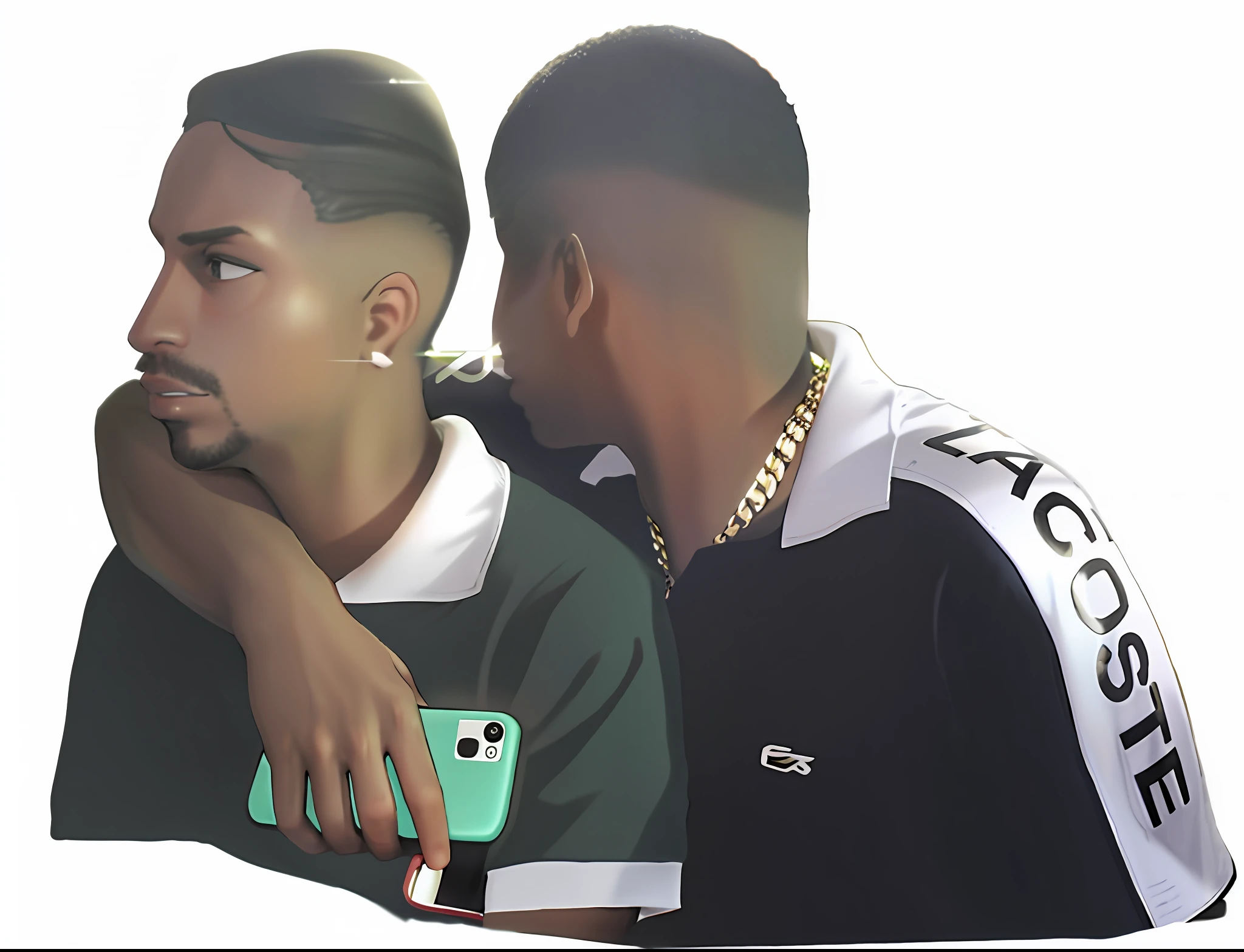 There are two men who are looking at a cell phone, suave em _ O pano de fundo, editing, imagem de qualidade muito baixa, arte digital. ((Saturado)), feito com photoshop, video still, photo shoot, aesthetic shot, tela dividida, teddy fresh, still from a music video, carton ultra realista (Mais alta qualidade, obra-prima: 1.2), ultra high-resolution, realista, frontlighting, detalhe intrincado, detalhes requintados e textura destaque do rosto, parte superior do corpo, rosto detalhado