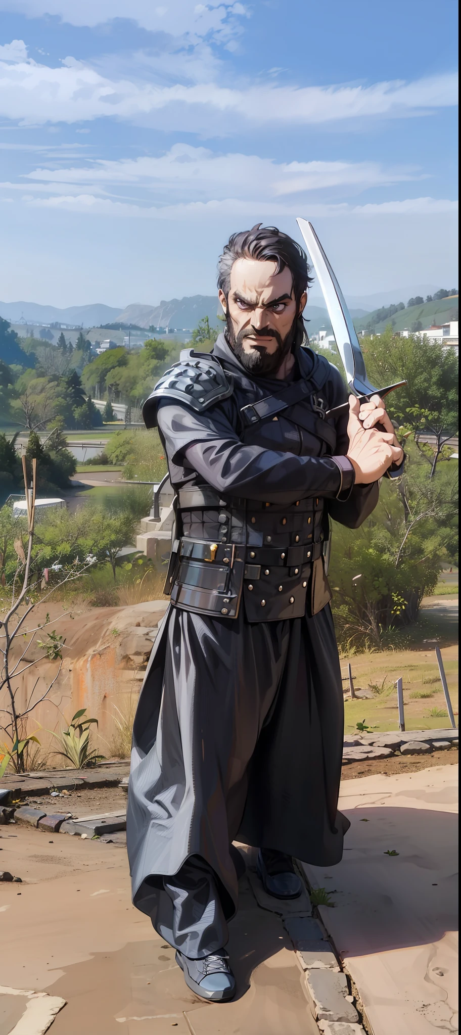 Homem,barba,4k, Purple eyes, Armadura preta, egipcian, segurando uma cimitarra
