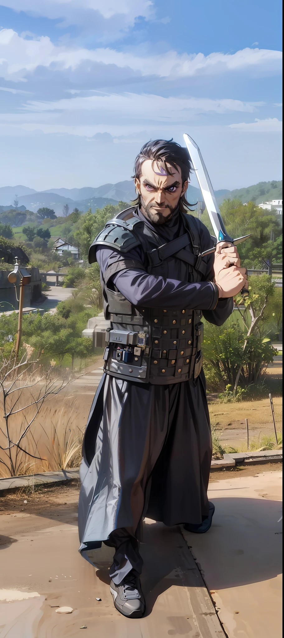Homem,barba,4k, Purple eyes, Armadura preta, egipcian, segurando uma cimitarra
