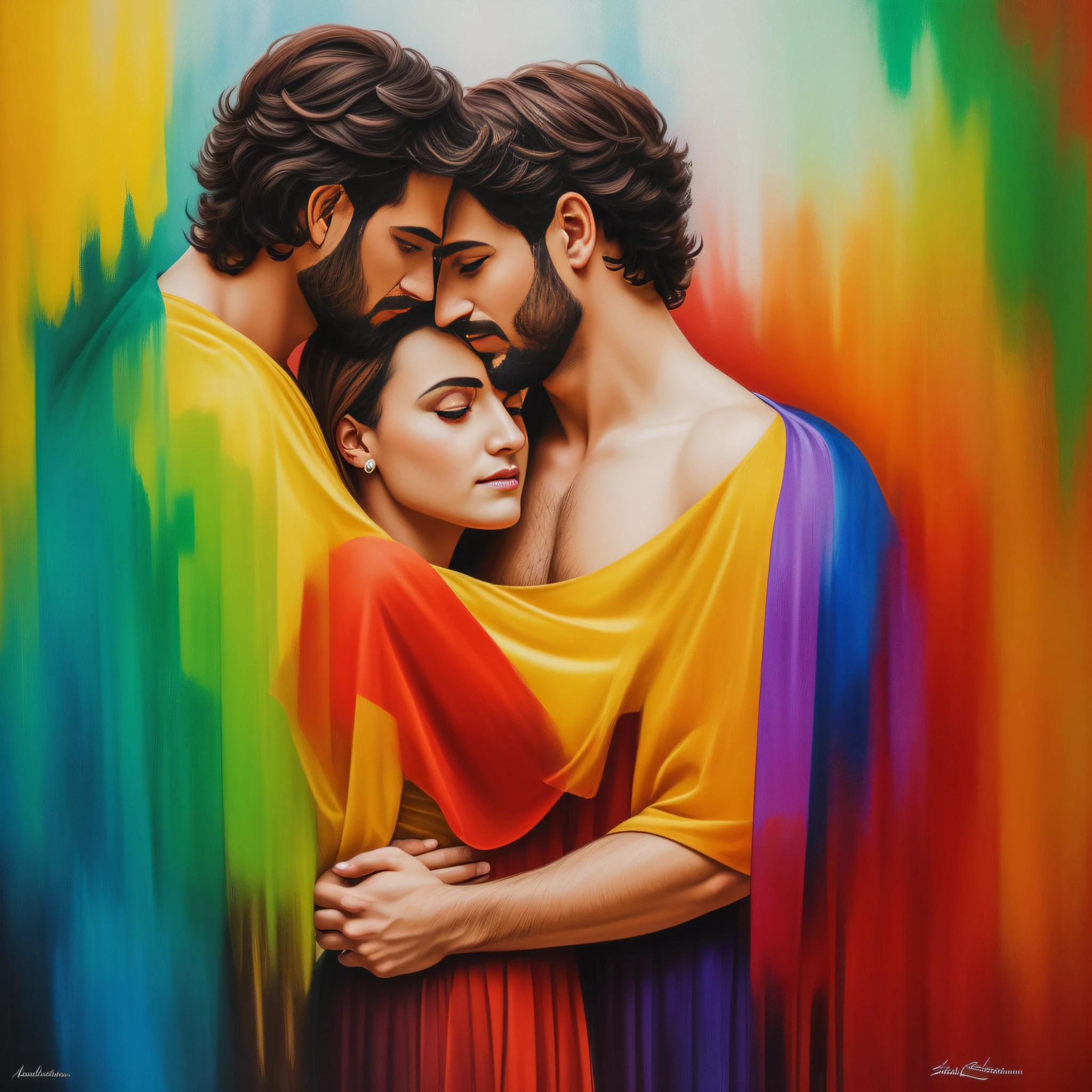 Pintar um casal (homem e mulher) hugged and a little distant from there another man (uma terceira pessoa) observando o casal. Pintura no estilo: "Impressionismo", cores em 8K. Pinte com cores vibrantes e bem definidas, but in a way that recognizes the character easily and reveals the perfection of the character's facial expression.