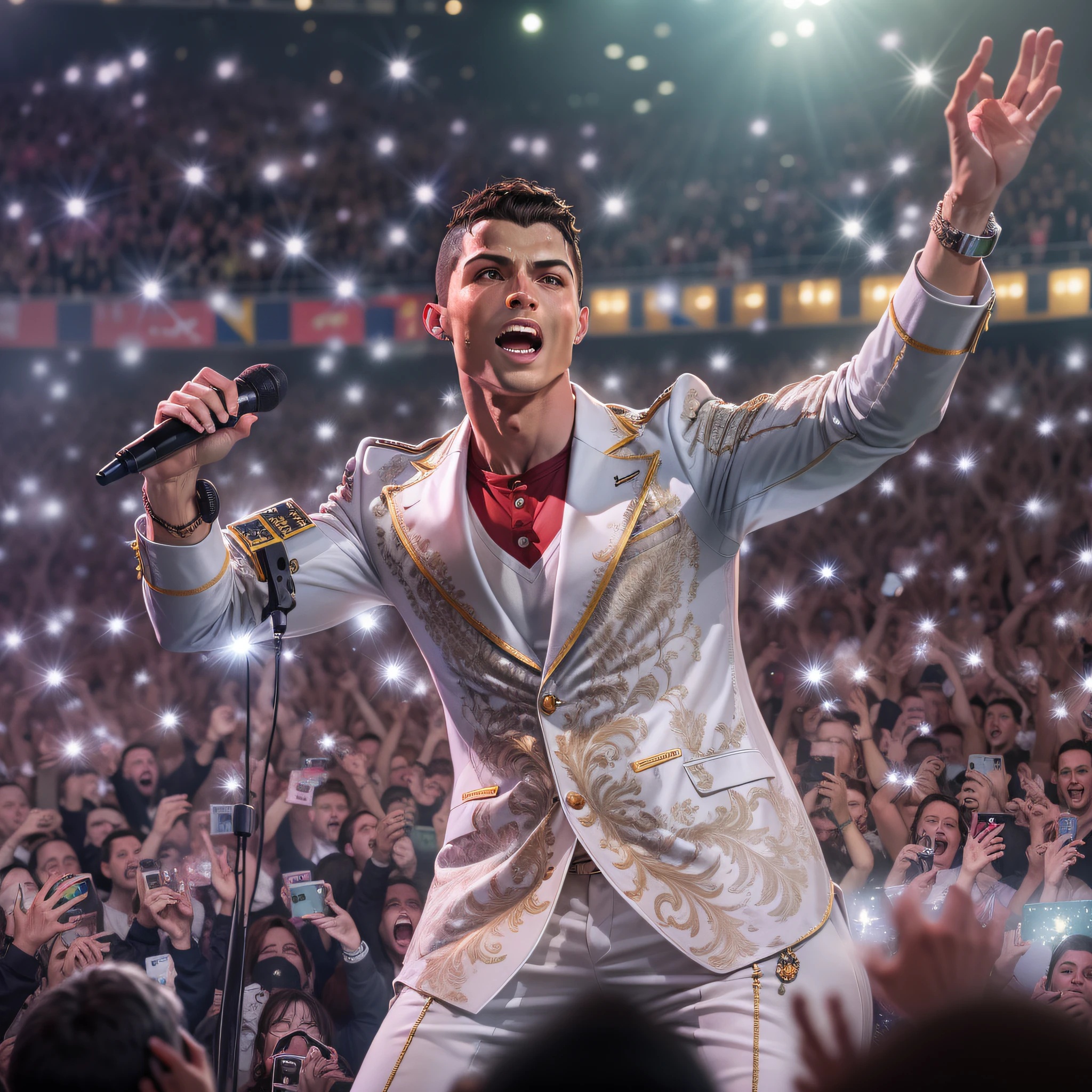 Cristiano Ronaldo em um grande palco" Uma imagem de Cristiano Ronaldo, The football icon, transformed into a charismatic musician performing on a big stage. Vestido com um terno elegante e segurando um microfone, He captivates the audience with his powerful vocals and stage presence, surrounded by passionate fans and dazzling lights.