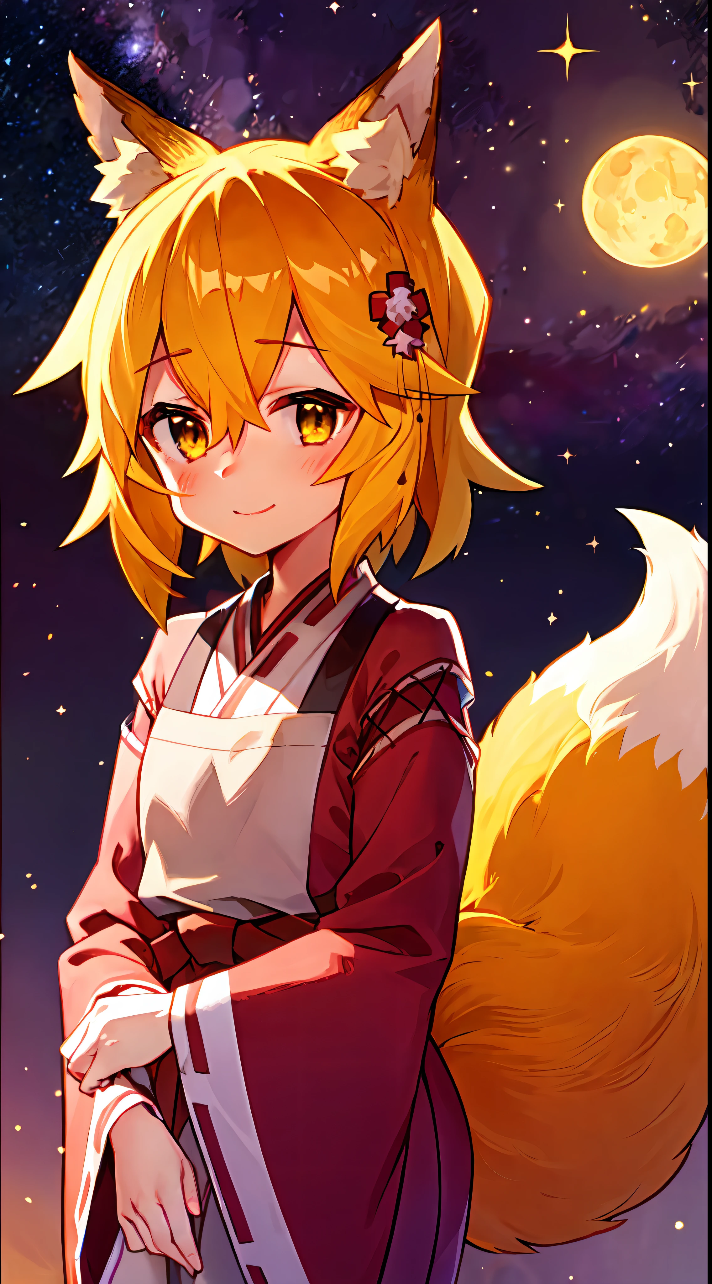 Ultra-detailed starry night scene, extremely focused image, (detailed light: 1.05), a fox girl with orange hair, small stature, solo, kimono, miko, fox ears and tail, floral hair ornament, gazing up with wonder in her crisp, luminous emerald eyes, enchanted smile on her flawless face, dazzlingly clear night sky filled with two sharp, detailed moons, brilliantly vivid constellations swirl overhead, notes of rich purple, blue and green fill the crisp sky, representing her sense of awe and hope, elegant beauty, masterful depth, textures and details