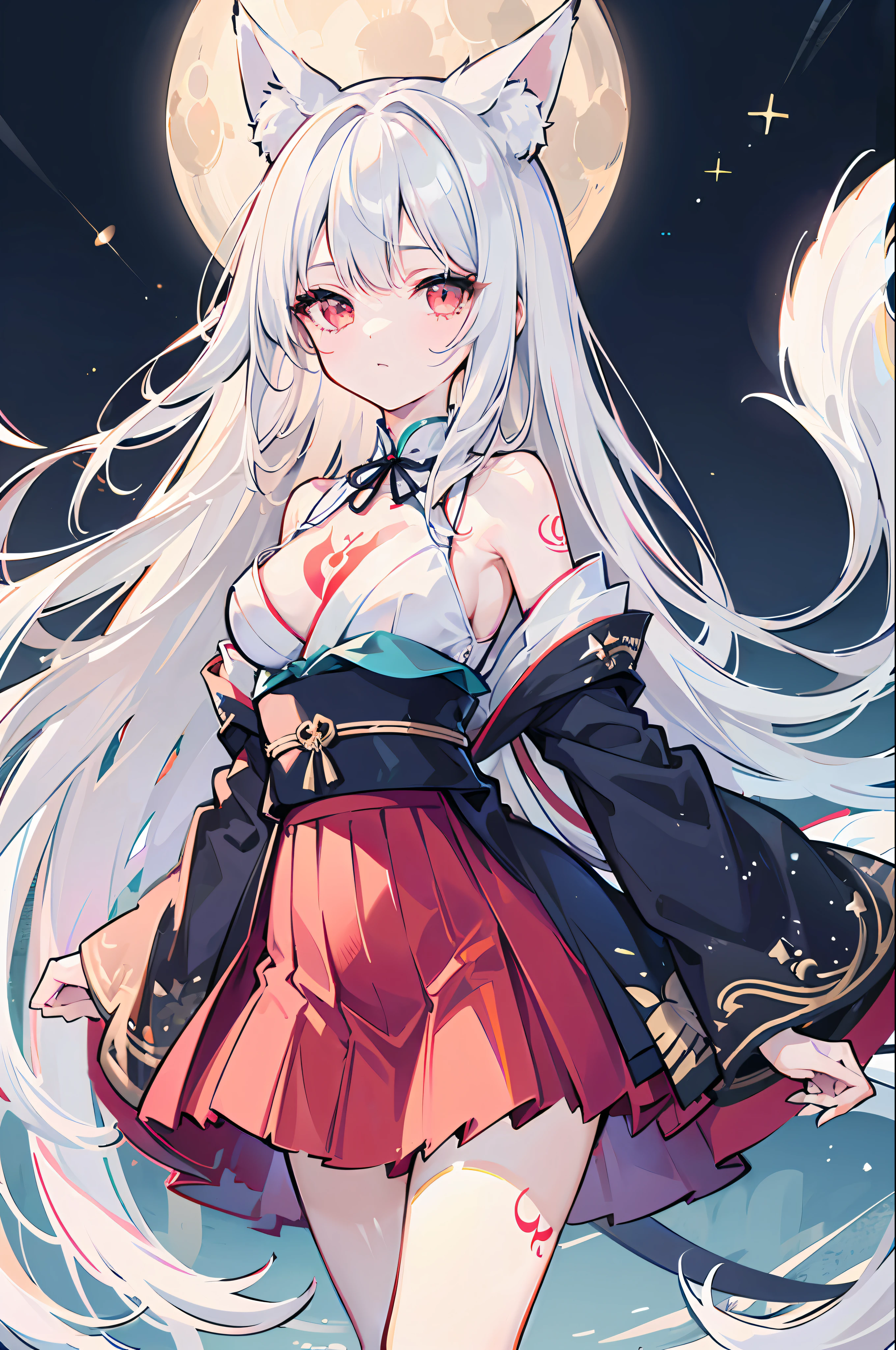 1girl, moon, bird, star_\(sky\), long_hair, starry_sky, (((white_hair))), animal, wide_sleeves, night, flower, night_sky, holding, very_long_hair, full_moon, looking_at_viewer, ribbon_trim, ribbon-trimmed_sleeves, long_sleeves, skirt, red_eyes, solo, japanese_clothes, sky,((medium breasts)), (((Pornographic tattoo))),fox ears, fox tail, fox girl,