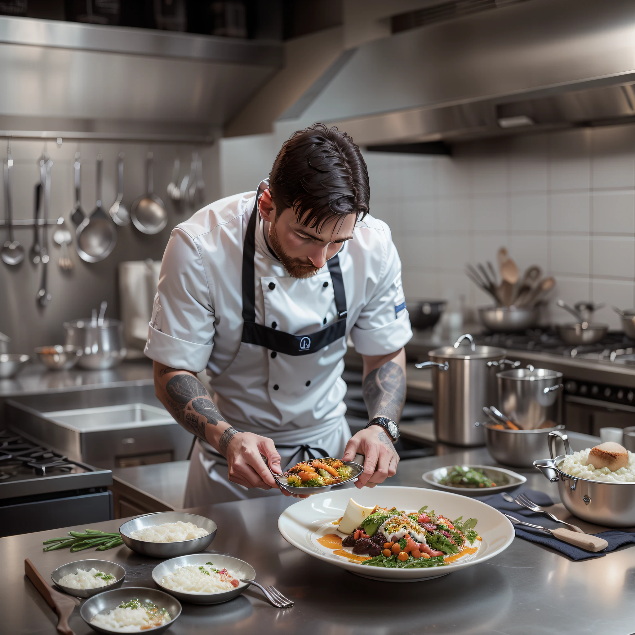 Lionel Messi em uma cozinha com estrela Michelin" Uma imagem de Lionel Messi, a estrela do futebol, vestido como um chef talentoso em um restaurante sofisticado com estrela Michelin. He is shown expertly preparing a gourmet dish with refinement and precision, surrounded by top-notch culinary equipment and a luxurious kitchen atmosphere.