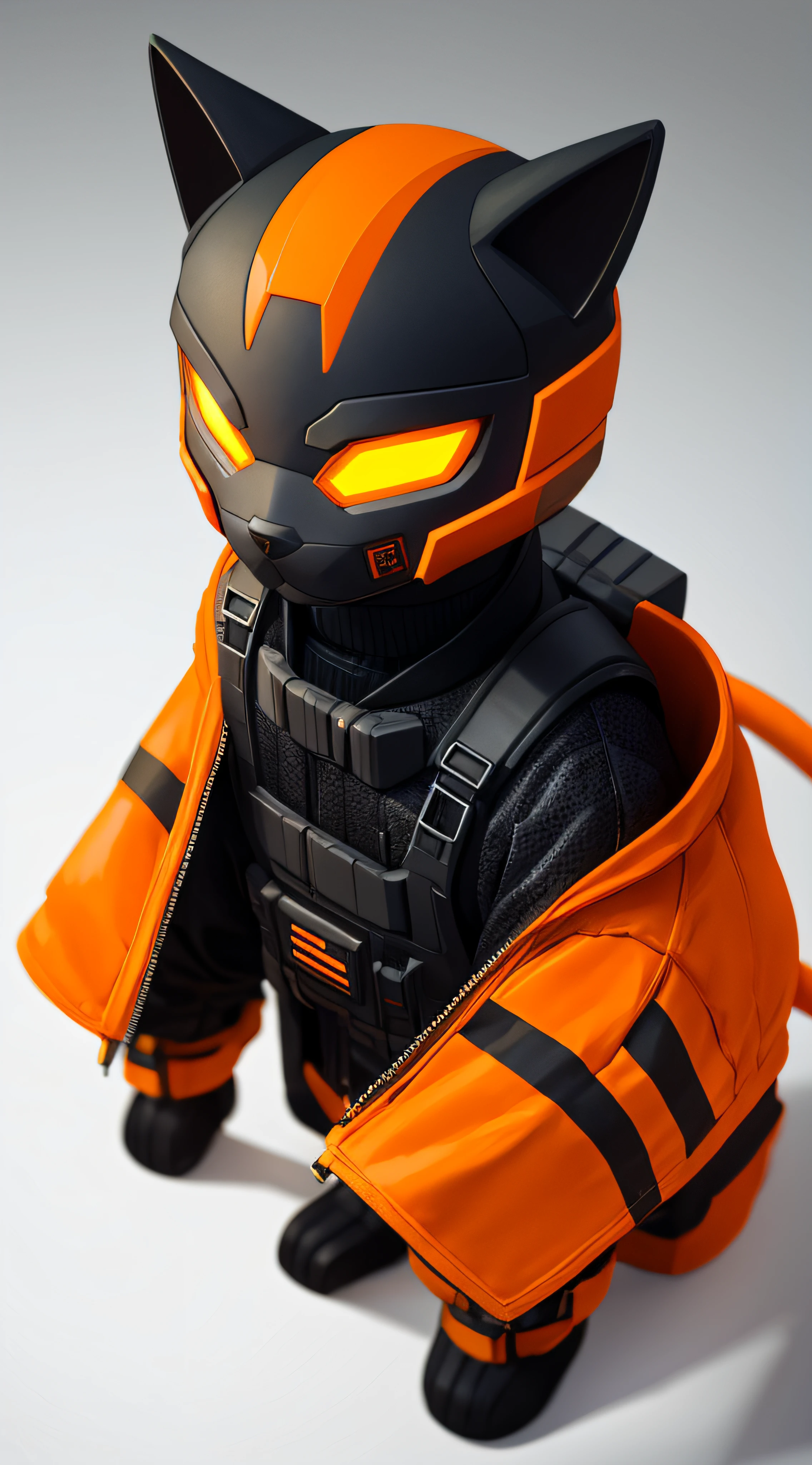 isometric view of a MINI cute hyperrealistic futuristic soldier cat wearing cyberpunk jacket. orange skin. Cinematic, hyper detailed, white GRADIENT background , highly detailed, zoomed out, --auto