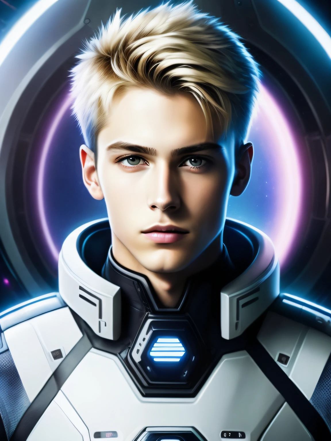 masterpiece, best quality, realistic, ultra detailed, sfw, head shot, a portrait of a young blond man, starsector, sci-fi style clothing, hight-tech gadgets,