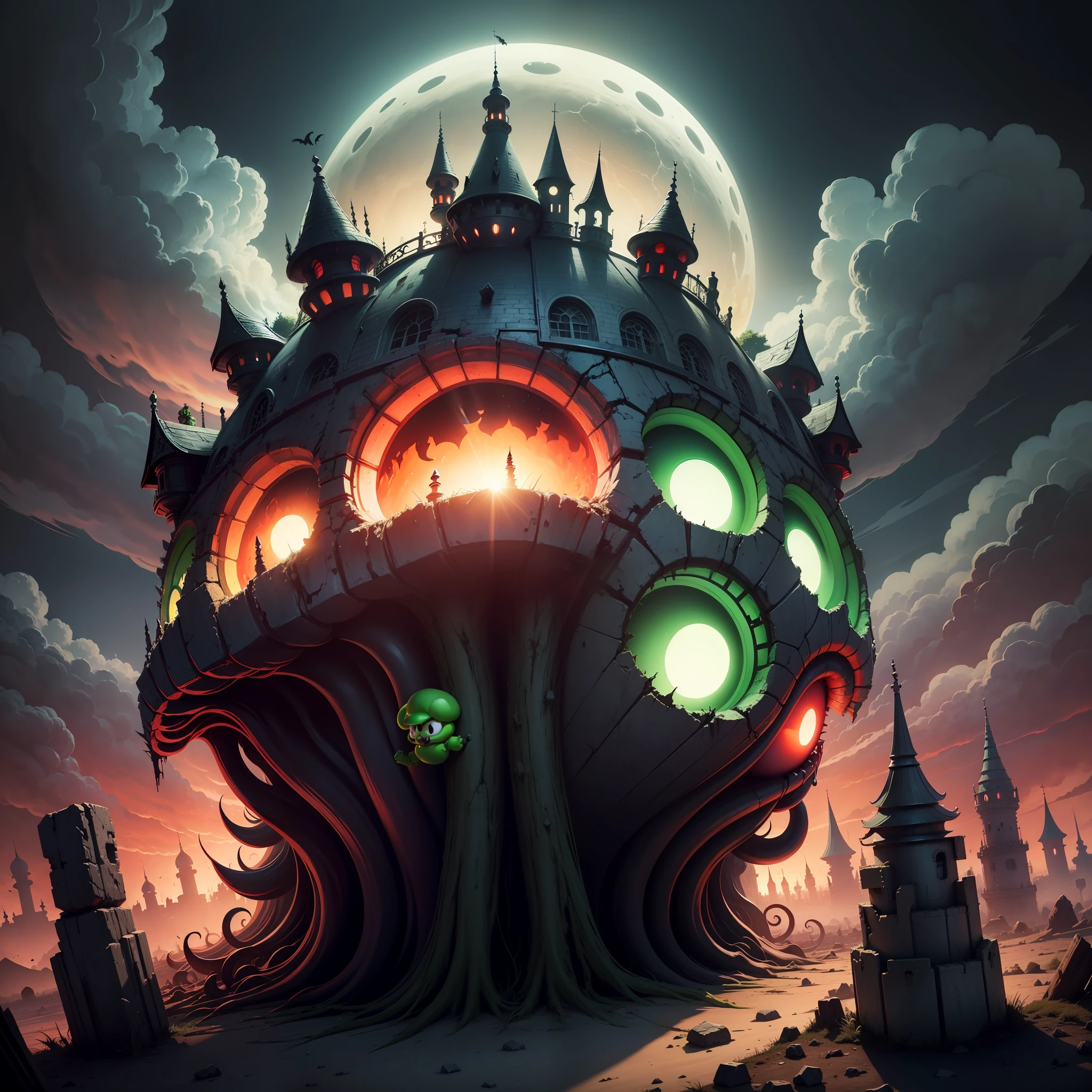 "Imagine a scene in which the Mushroom Kingdom is transformed into a dark and distorted reality. The setting is a corrupted version of the classic Super Mario setting, com tons escuros e cores saturadas. The sky is blood-red, and the clouds have a sinister appearance. The sun is a crescent moon with menacing eyes, casting a pale, sickly light on everything.

No centro da imagem, coloque o Super Mario Bizarro. Ele se assemelha ao Mario original, but with grotesque features. His mustache is exaggeratedly long, retorcido e pontiagudo, giving it a malevolent appearance. His eyes are yellow and glow with a gloomy light. He wears a dark purple jumpsuit with blood red accents and strange symbols, giving him a demonic aura.

Ao lado do Super Mario Bizarro, put your brother Luigi Bizarro. It also looks distorted, with bright red eyes and a mischievous expression. Luigi Bizarro wears a blackened green jumpsuit with grayscale details, giving it a gloomy appearance.

No fundo da imagem, enter the Kingdom of Mushrooms in ruins. Princess Peach's castle is partially destroyed, com torres inclinadas e janelas quebradas. The mushrooms in the setting are wilted and dark in color, conveying a sense of despair.

The landscape is filled with strange and frightening creatures, como Goombas com espinhos afiados, Koopas with green flames and demonic-looking Piranhas plants. The air is filled with a mysterious and heavy air.

The image should convey the feeling that the Mushroom Kingdom is in danger, and that Super Mario Bizarro is the cause of all the chaos. Use sombras fortes e elementos de design distorcidos para criar uma atmosfera sinistra e assustadora --auto