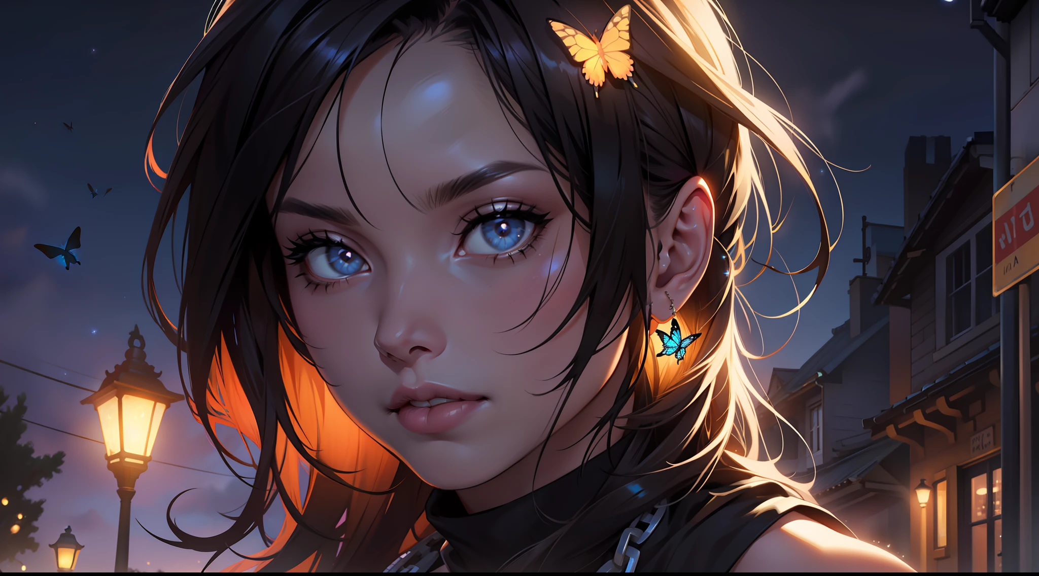 beautiful girl wearing black top with chain on butterfly, moon light stars night street lights, digital painting, gorgeous face, beautiful realistic face, ultra realistic digital art, ultra-realistic digital art