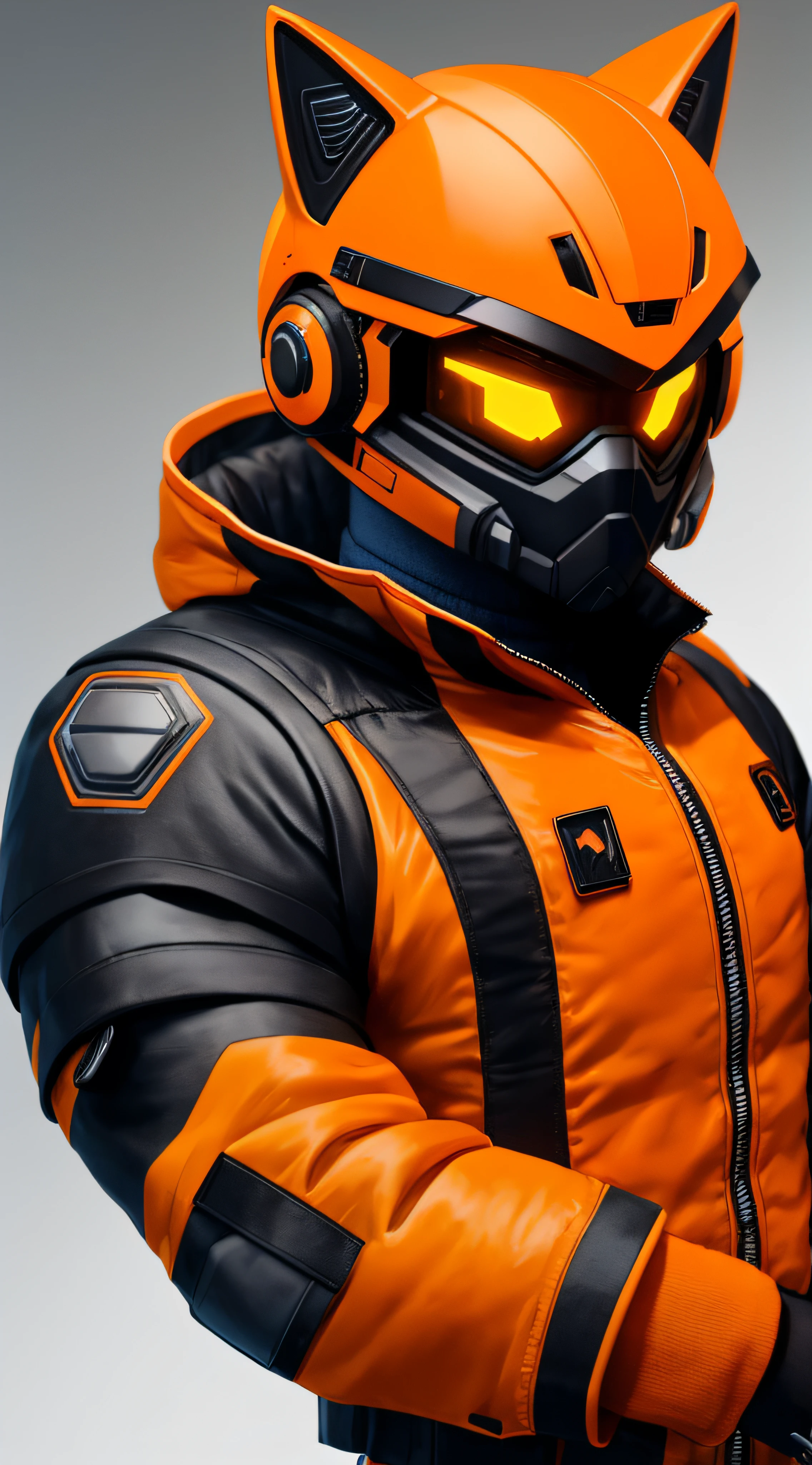 isometric view of a MINI cute hyperrealistic futuristic soldier cat wearing cyberpunk jacket. orange skin. Cinematic, hyper detailed, white GRADIENT background , highly detailed, zoomed out, --auto