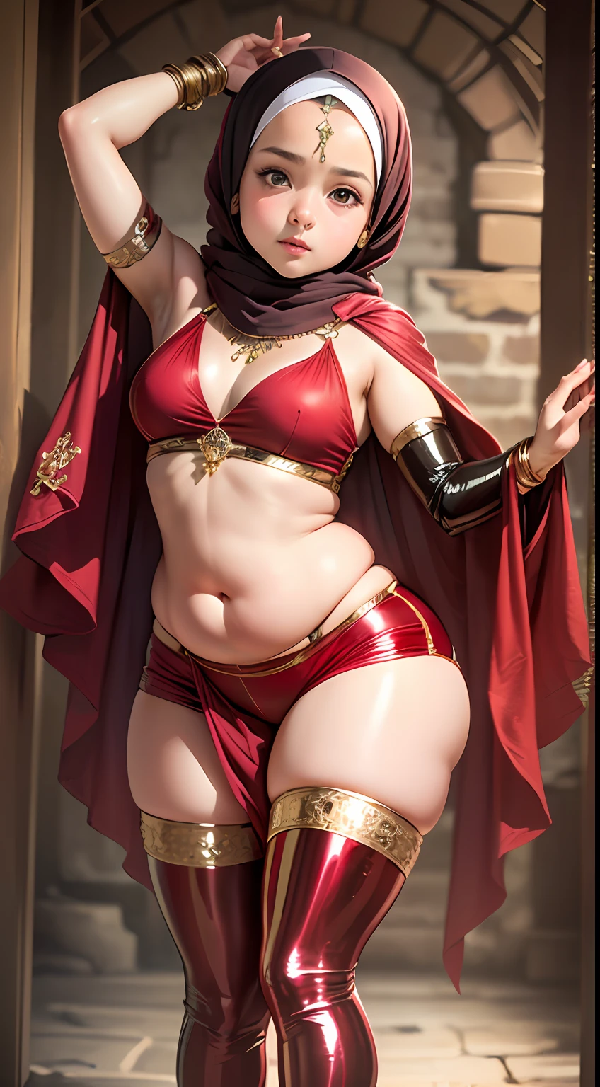 (:1.7), (arabian girl:1.2) perfect face, (chubby:1.5) child in (saree) perfect full HDR body exposed midriff highleg loli flat c curvy indian armpits bellydancer 8k high res knees ankles , royal skimpy underwear, (shiny skin:1.5) (full body shot) (high heels) (armpits:1.3) (outdoor) (red theme:1.8) (masterpiece, 4k ,ultra detailed:1.2) (hijab:1.2) (dungeon:1.4) she has a jiggly fat round belly (petite:1.4)