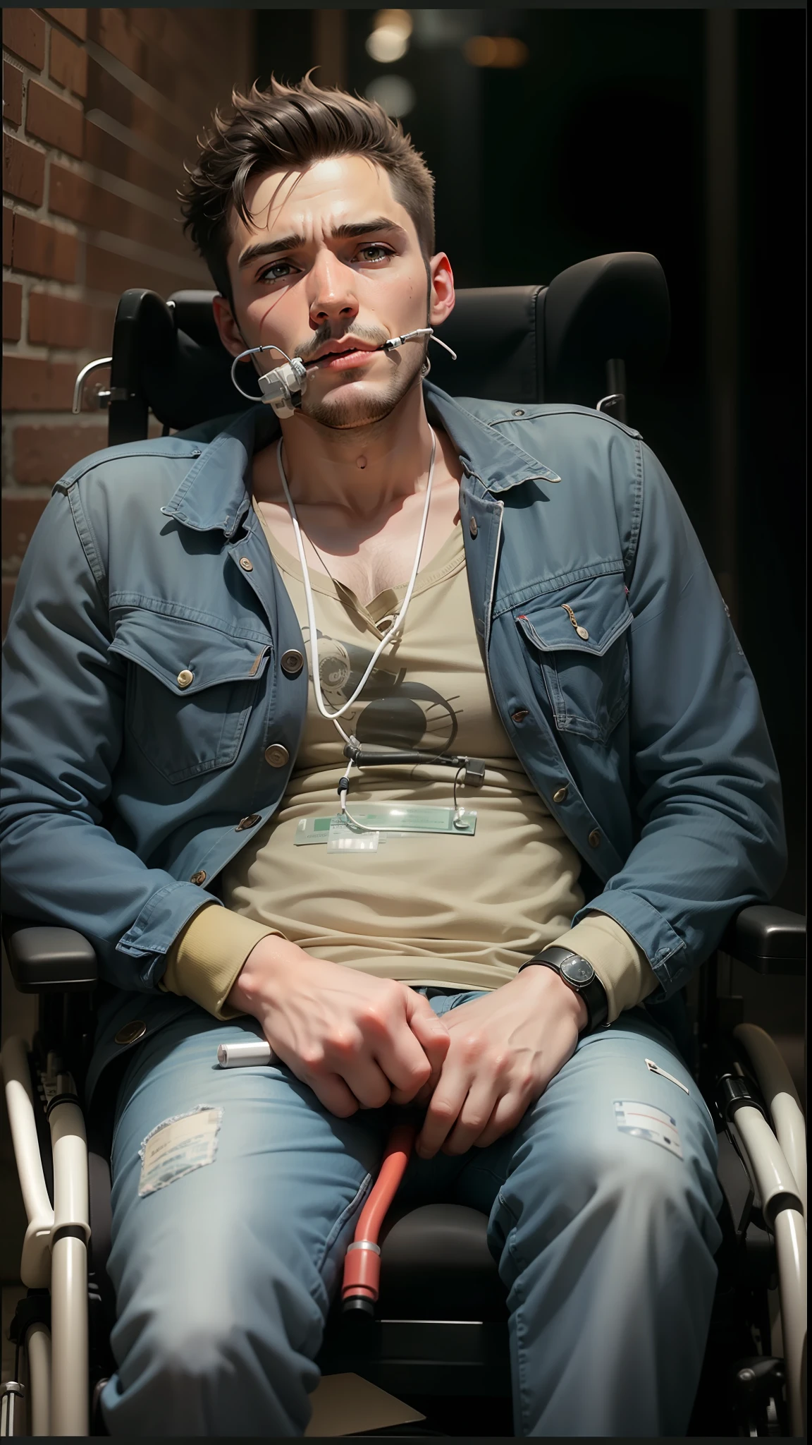 Man wheel chairs with oxygen tube
