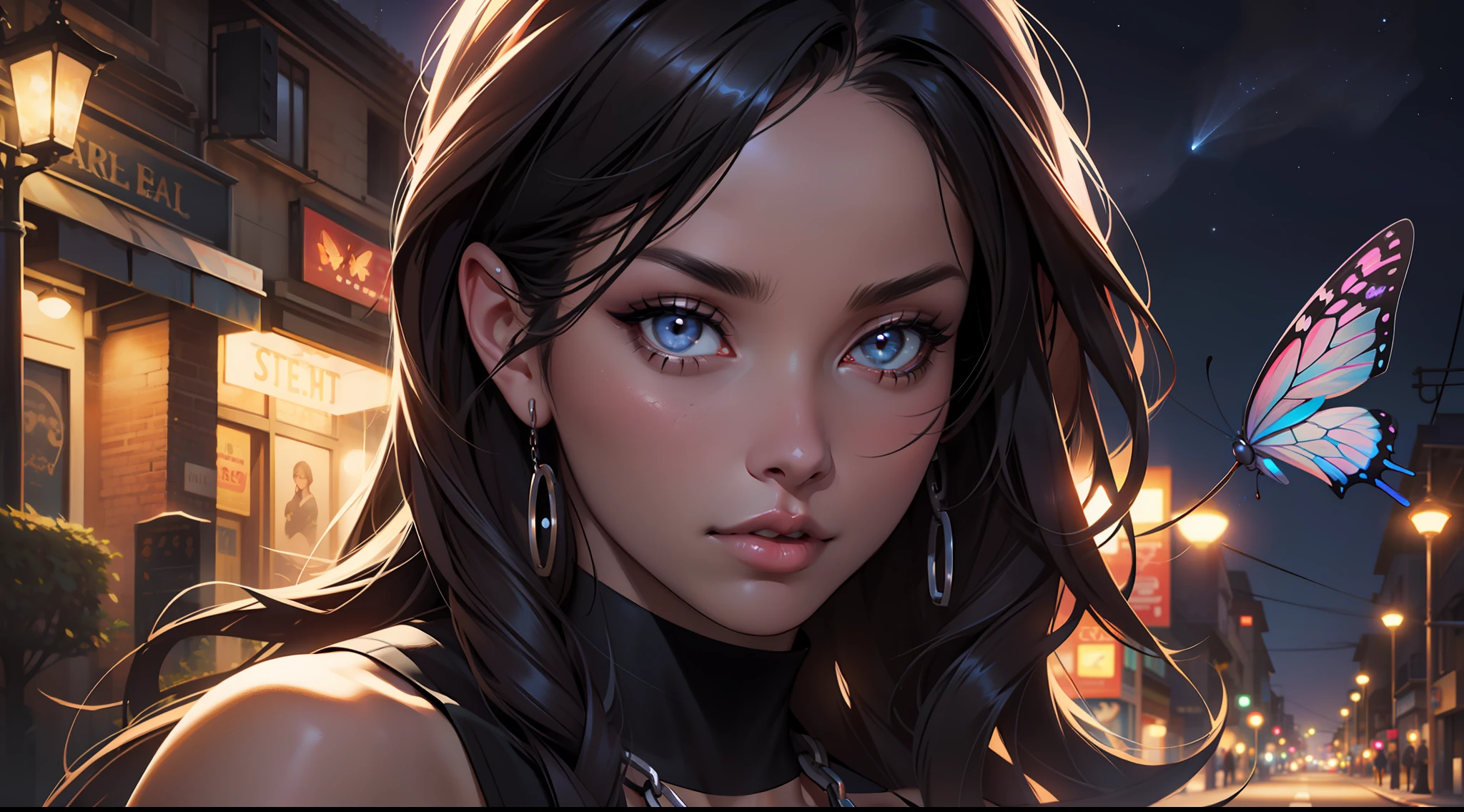 beautiful girl wearing black top with chain on butterfly, moon light stars night street lights, digital painting, gorgeous face, beautiful realistic face, ultra realistic digital art, ultra-realistic digital art