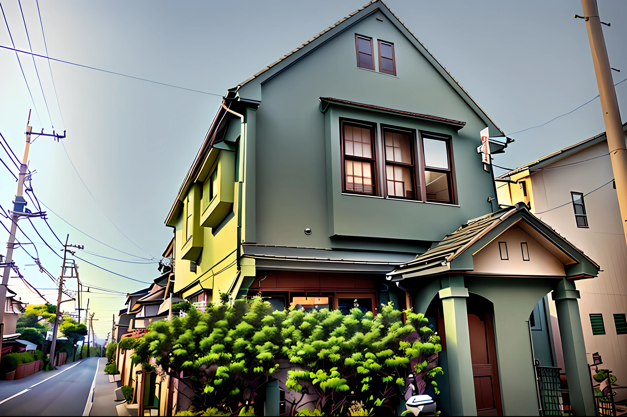 A motorcycle is parked in front of a house on the street, Japanese houses, Residential area, one house, Complete House, front side, view from the street, Old house, Ghibli Studio, outside view, front-facing view, style of studio ghibli, 2 4 mm iso 8 0 0, maison ikkoku, japanese neighborhood, hironaka