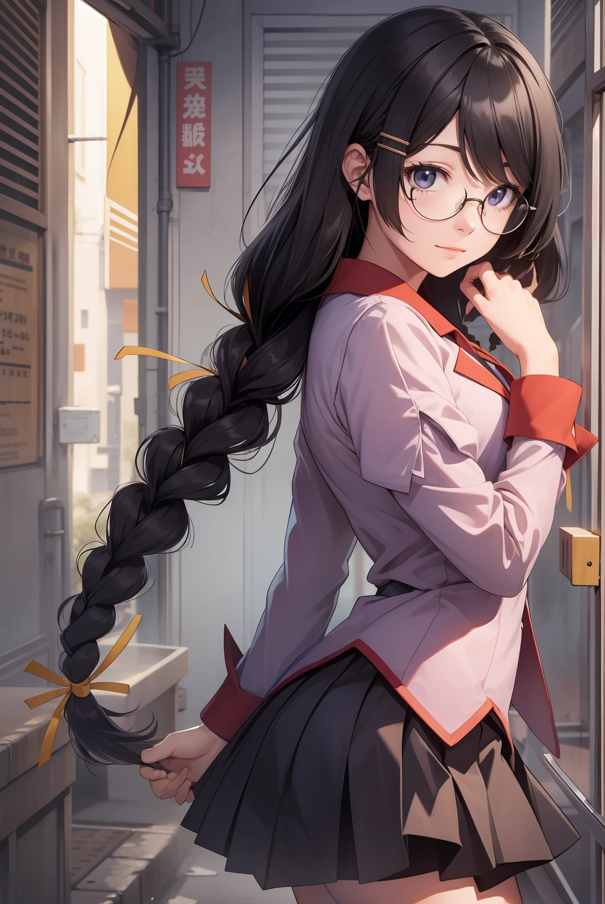 hanekawa tsubasa, happy, long hair, black hair, hair ornament, braid, hairclip, twin braids, naoetsu high school uniform, glasses,
BREAK skirt, school uniform, naoetsu high school uniform,
BREAK looking at viewer, BREAK masterpiece, best quality, high resolution, unity 8k wallpaper, illustration, extremely detailed face, perfect lighting, perfect hands, perfect anatomy, highest quality, high resolution.