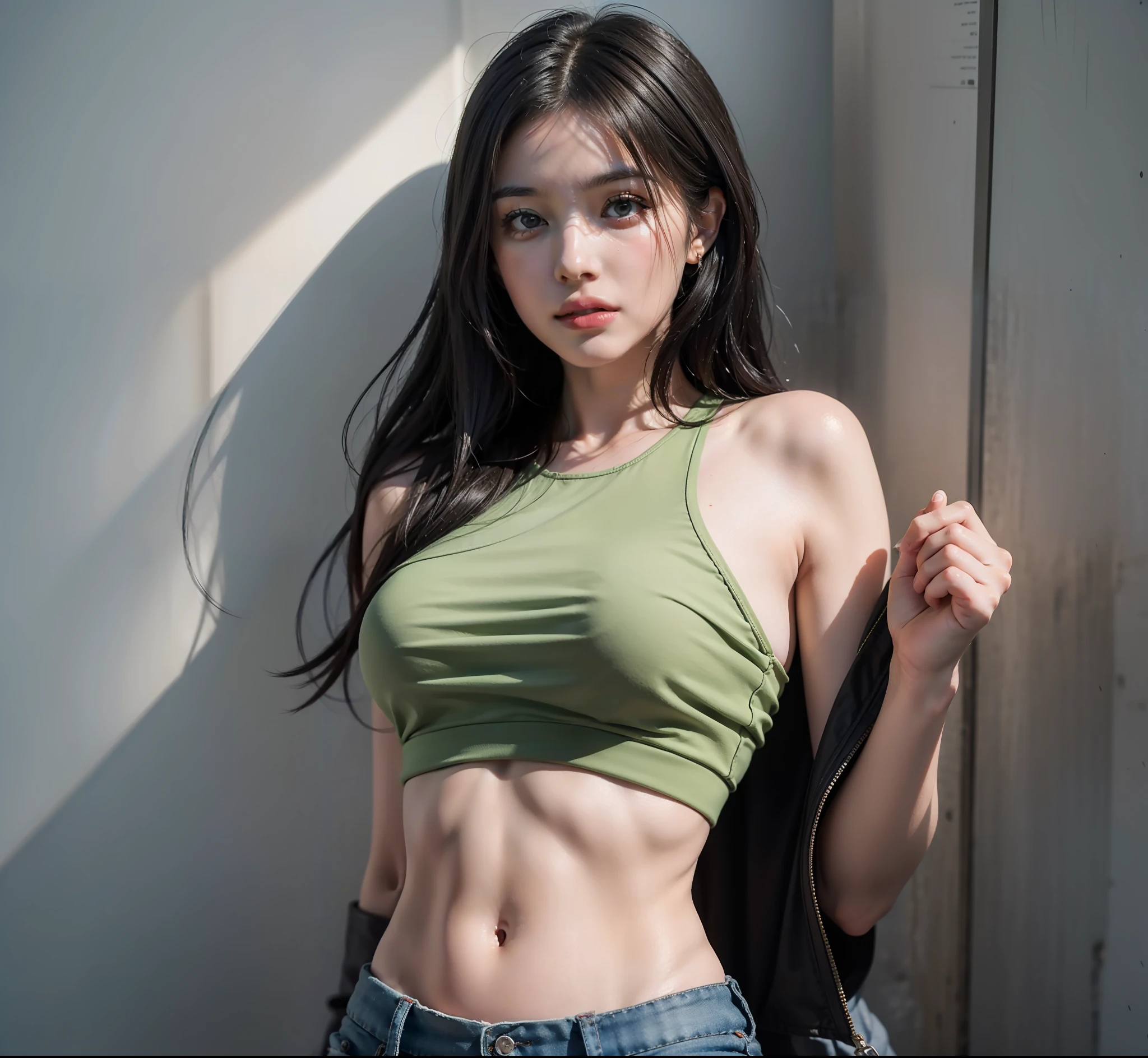 Cute lady wearing white crop top, looking at viewer, cute face, black hair, ((Realistic lighting, Best quality, 8K, Masterpiece: 1.3)), portrait