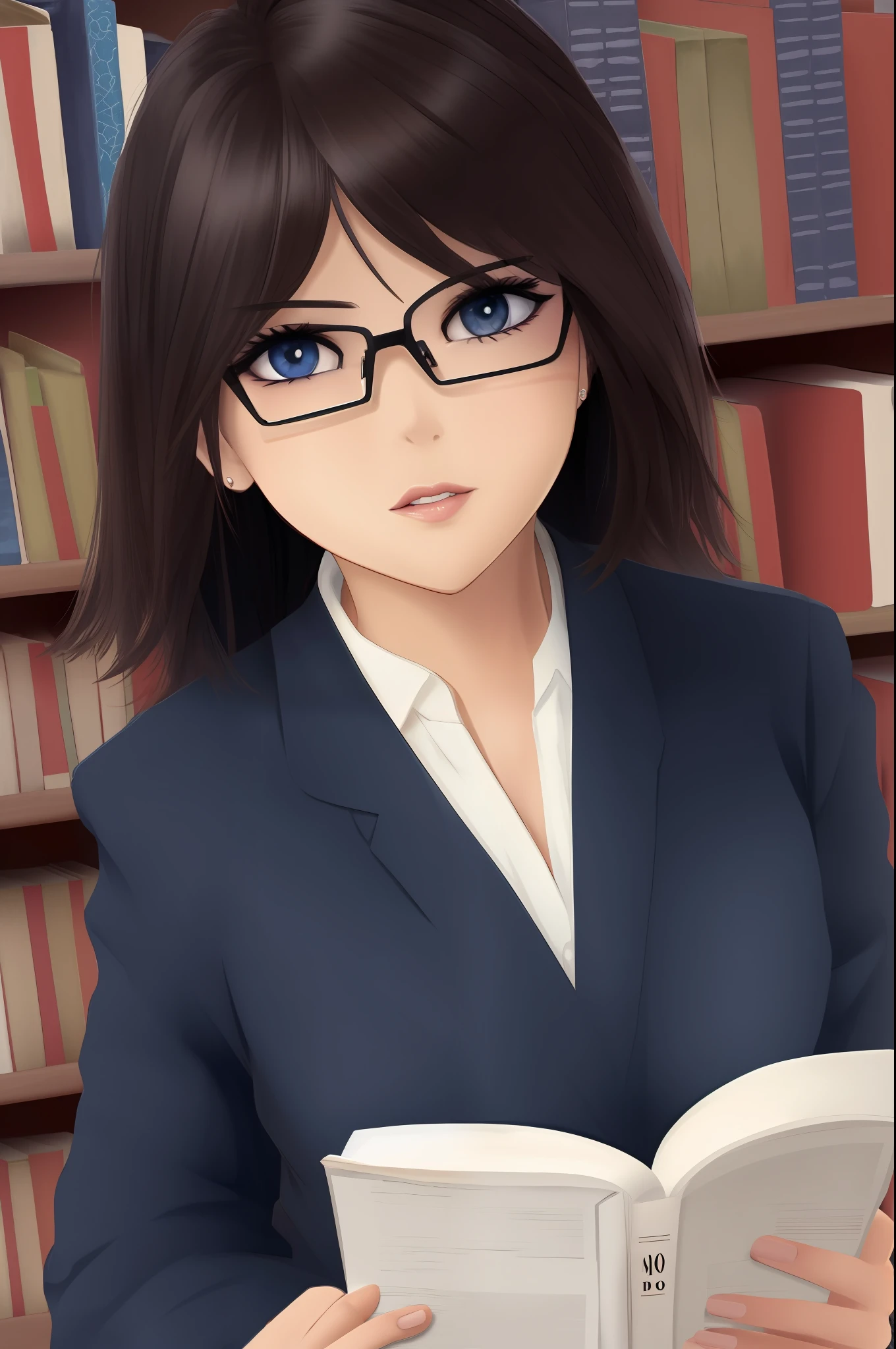 1 mujer, pelo negro largo, ojos negros, bizca, gafas azules, en una biblioteca, guapa, labios rojos, fuerte, sexy
