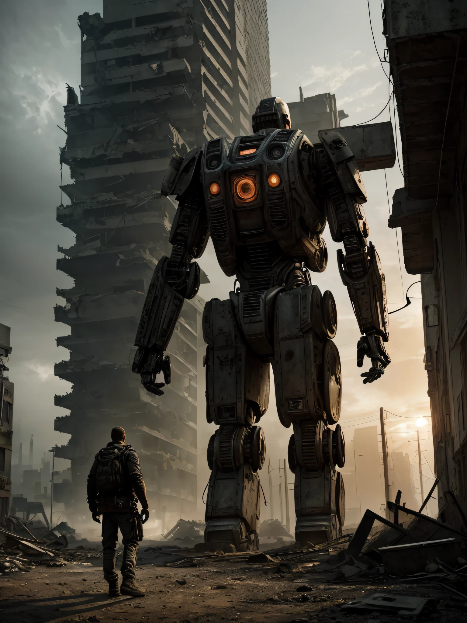 Capture the eerie atmosphere of a post-apocalyptic city as a man gazes at a robot in the distance with the Nikon D850 and the Nikkor 24-70mm f/2.8E ED VR lens. Position yourself to frame the scene with the remnants of crumbling buildings and desolate streets. Place the man in the foreground, his expression reflecting a mix of curiosity and wariness as he encounters the robot. Experiment with composition to create a sense of scale, emphasizing the contrast between the human figure and the mechanical being. Utilize lighting to enhance the dystopian mood, casting shadows and highlighting the worn textures of the environment. This image captures a moment of uncertainty and tension, representing the intersection of humanity and technology in a post-apocalyptic world.