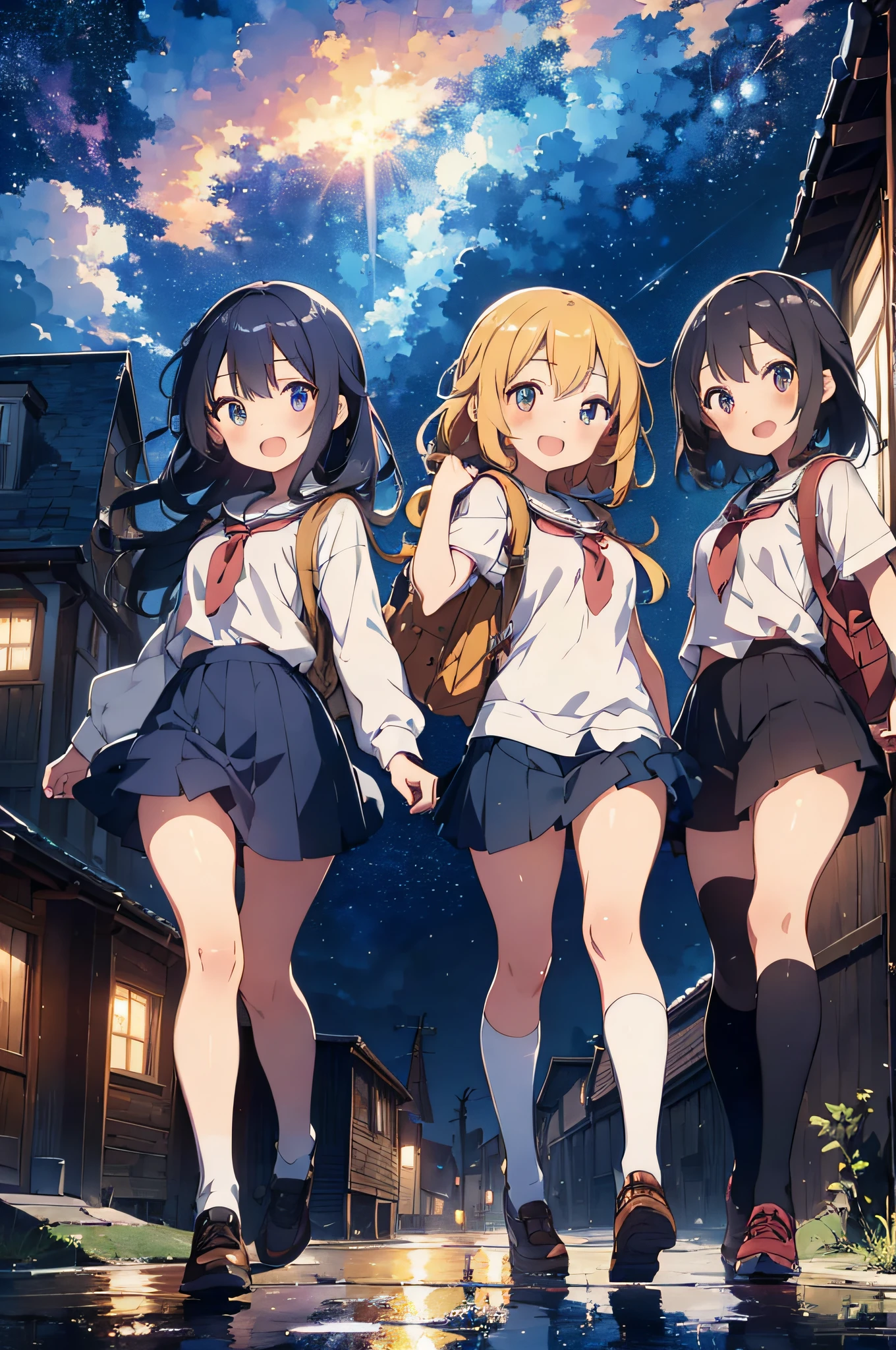 masterpiece, best quality, ultra-detailed,(****),sel anime, ,anime moe art style,animated style illustration, (beautiful eyes), ((cute)), cute, (lovely),, , shiny skin, ,ultra high res, 
(((3 girls))),full body,,smile,open mouth,school girls,back view,town,outdoor,backpack