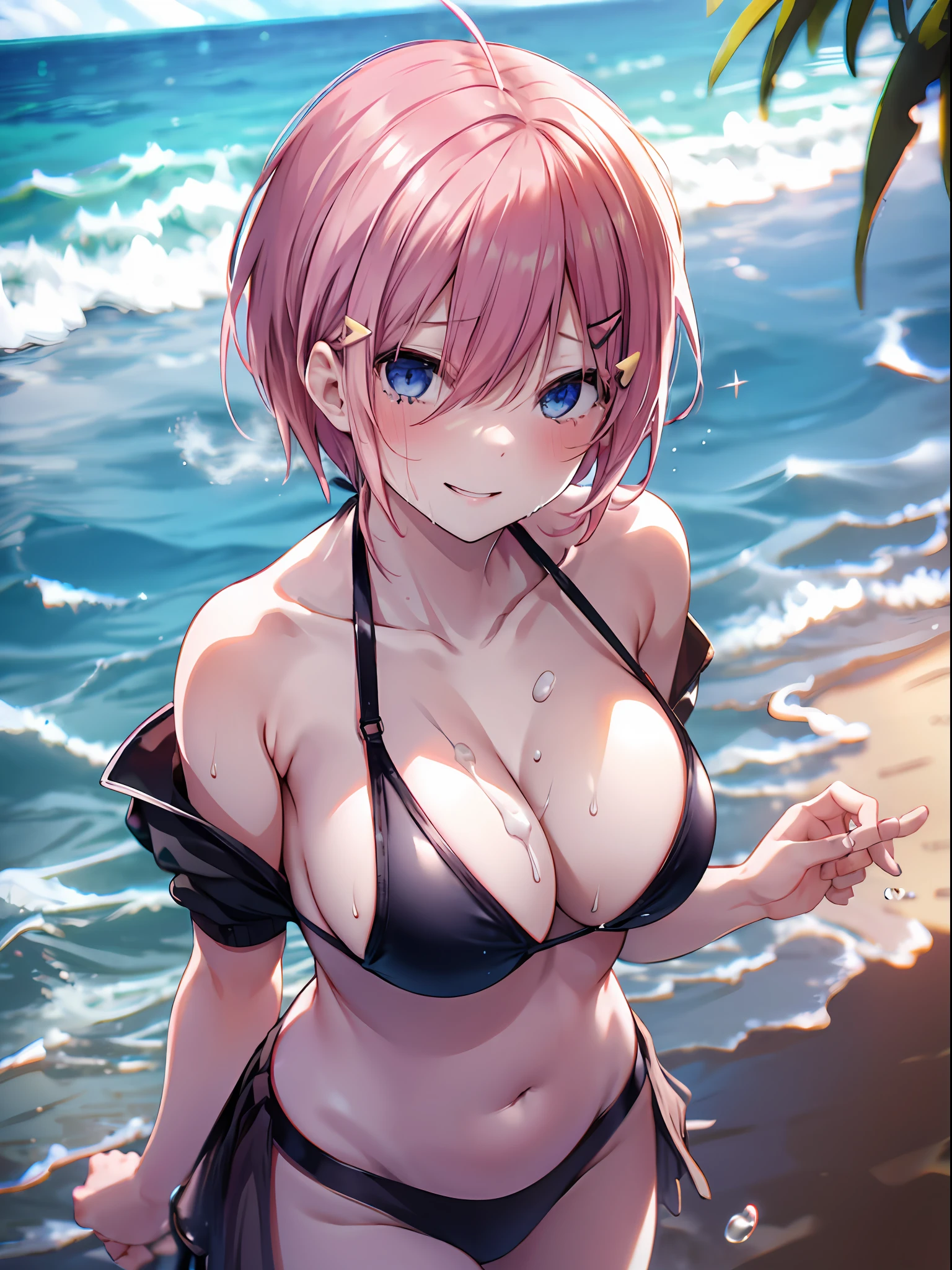 absurdres, highres,
BREAK
looking at viewer, cowboy shot, (from above:1.5)
BREAK
(vivid-color:1.3)
BREAK
(one girl:1.3), (:1.2), (nakano ichika:1.5), pink hair, blue eyes, (upturned eyes, smile:1.2), (hairclip:1.5), earrings, nm1,  short hair, (black strings bikini, Skirt-style bikini:1.5),　((milk drip on breasts:1.4), (thighs:1.3),  (huge breasts, cleavage:1.3), (breasts focus:1.3), (evil smile:1.3), open mouth, (breast:1.3), round eyes, (milk drip on whole body:1.3), (blowing in the wind:0.5), (sweat around girl, dripping sweat:1.3), squall (wind:1.2), sense of speed, refreshing breeze, motion blur effect, wind
BREAK
background is (beach:1.3), (Stand in the center of the screen:1.3), outdoors, wind
BREAK
sunlight, magnificent view, light particles, dynamic angle, dutch angle, perspective
BREAK
(daytime, sunbeam:1.2), depth of field, bokeh, light leaks, (chromatic aberration:1.2), noon
BREAK