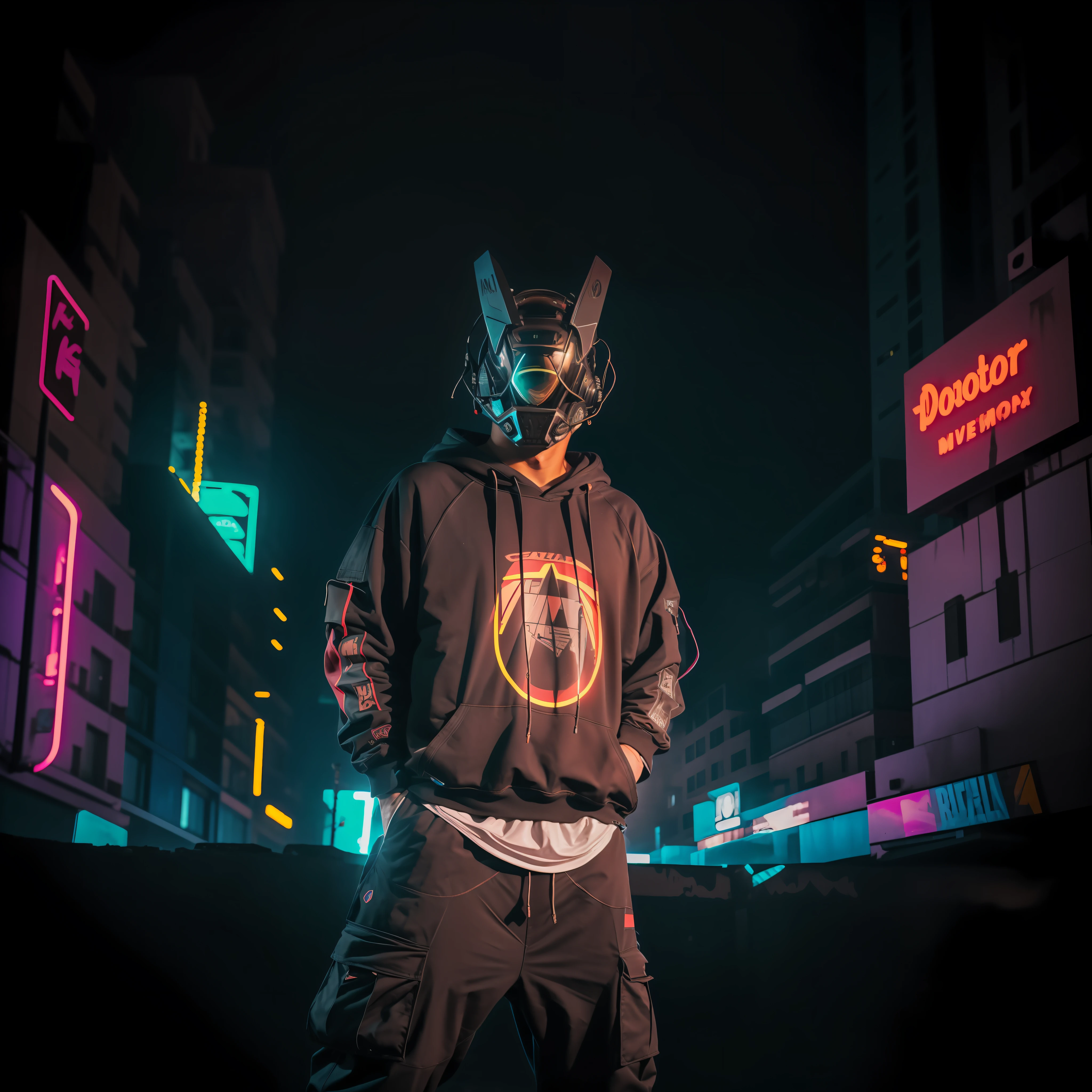 . Insta photo, mid-shot, high-resolution photography: A cyberpunk citizen wearing a comfortable oversize black hoodie and black cargo pants, with a black helmet in a hitech style, standing in front of a wall with "WISEGUY" spray-painted in neon letters. The image should be moody and atmospheric, with light and shadow creating a cinematic, action movie feel. Using tools like Adobe Lightroom and Photoshop, the image should be a high-resolution photograph, featured on Instagram Explore and National Geographic.