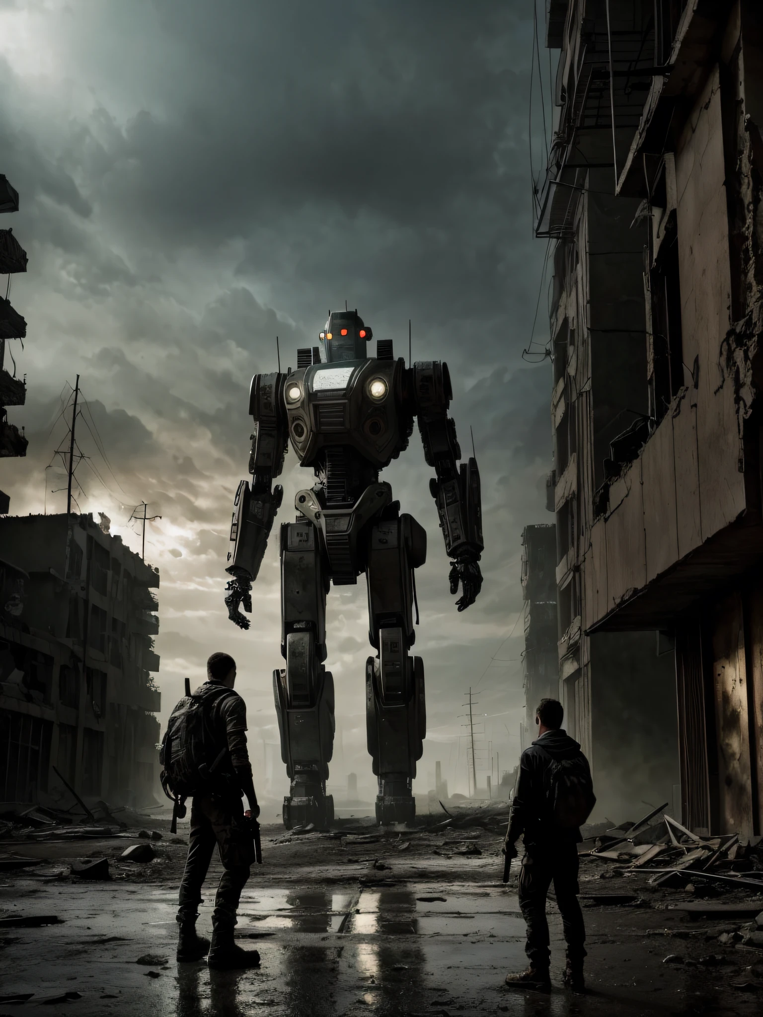 Capture the eerie atmosphere of a post-apocalyptic city as a man gazes at a robot in the distance with the Nikon D850 and the Nikkor 24-70mm f/2.8E ED VR lens. Position yourself to frame the scene with the remnants of crumbling buildings and desolate streets. Place the man in the foreground, his expression reflecting a mix of curiosity and wariness as he encounters the robot. Experiment with composition to create a sense of scale, emphasizing the contrast between the human figure and the mechanical being. Utilize lighting to enhance the dystopian mood, casting shadows and highlighting the worn textures of the environment. This image captures a moment of uncertainty and tension, representing the intersection of humanity and technology in a post-apocalyptic world.