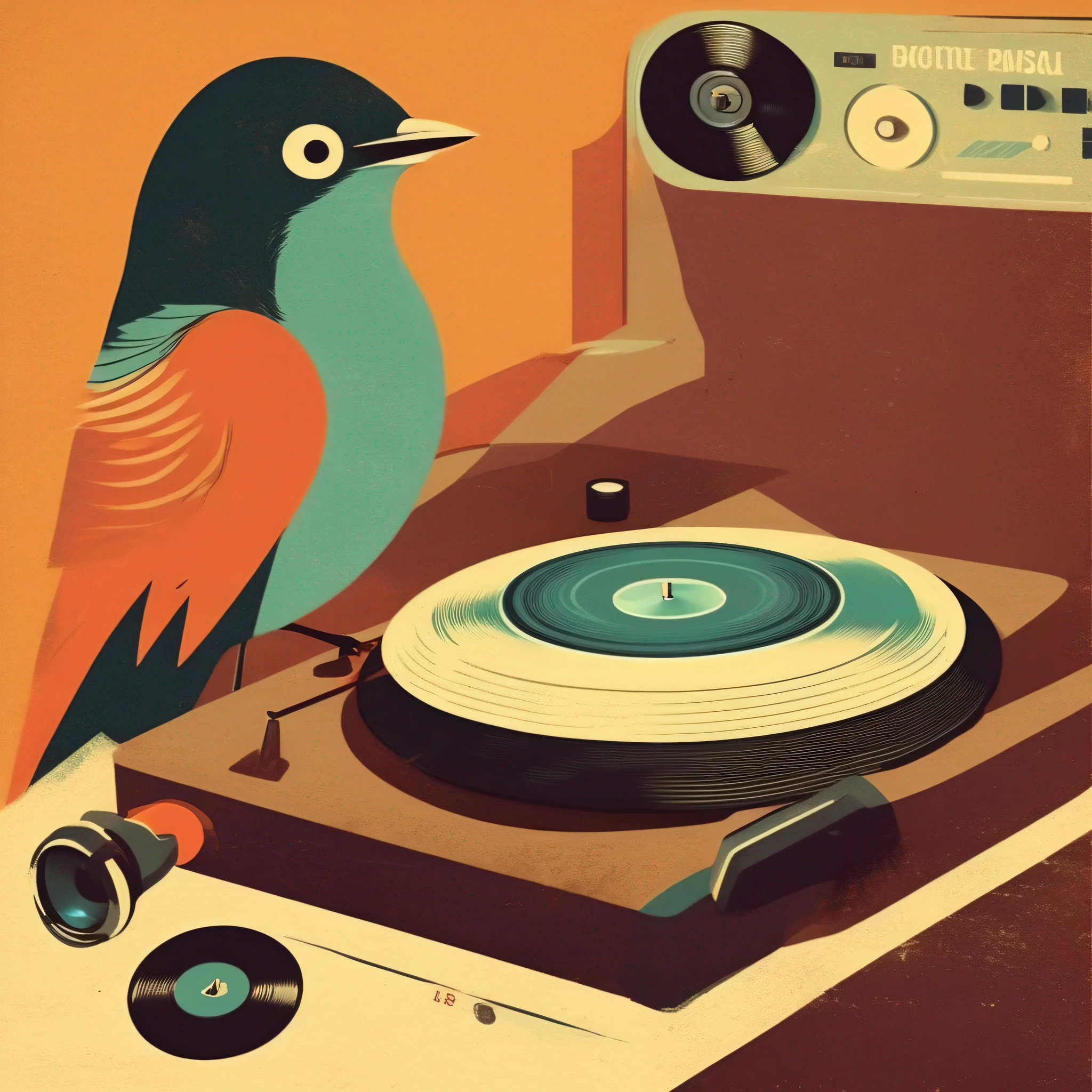 There is a poster with a record player and a bird, oito oito oito, poster vintage, estilo poster vintage, Cartaz dos anos 60, Cartaz de 6 0 s, arte de cartaz granulada, Poster design, Cartaz de uma noite techno, graphic design poster, Concerto de cartaz retro, Pisca-pisca, risograph poster, cartaz ilustrado, poster artwork, retro poster