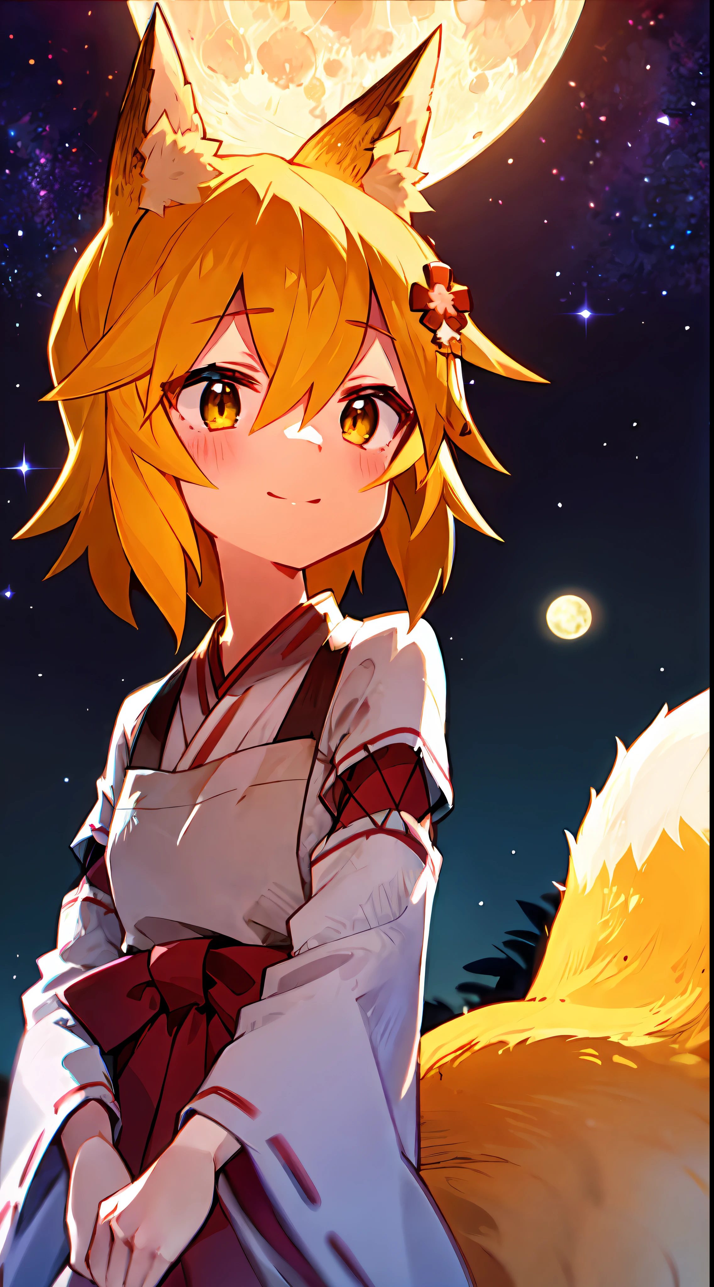 Ultra-detailed starry night scene, extremely focused image, (detailed light: 1.05), a fox girl with orange hair, small stature, solo, kimono, miko, fox ears and tail, floral hair ornament, gazing up with wonder in her crisp, luminous emerald eyes, enchanted smile on her flawless face, dazzlingly clear night sky filled with two sharp, detailed moons, brilliantly vivid constellations swirl overhead, notes of rich purple, blue and green fill the crisp sky, representing her sense of awe and hope, elegant beauty, masterful depth, textures and details