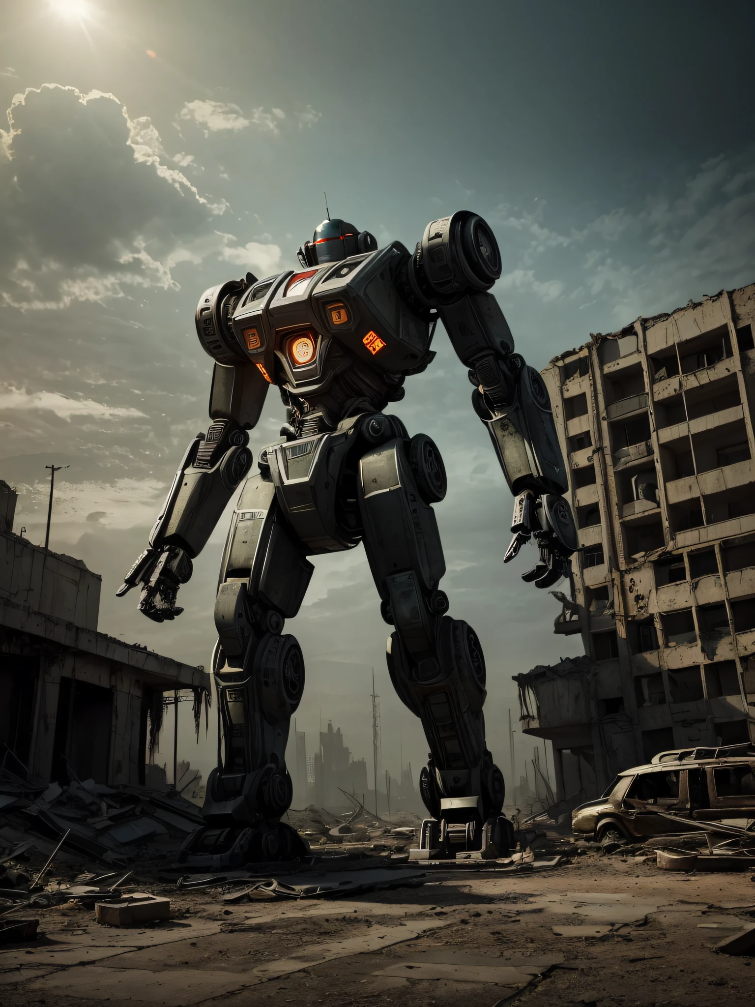 Capture the eerie and desolate atmosphere of a post-apocalyptic city with the image of a robot equipped with advanced artificial intelligence. Using the Nikon D850 and the Nikkor 24-70mm f/2.8E ED VR lens, position yourself to showcase the decaying urban landscape in the background, emphasizing the sense of destruction and abandonment. Frame the robot in a way that highlights its mechanical features and futuristic design, giving it a powerful and enigmatic presence. Experiment with lighting to create dramatic shadows and contrasts, further enhancing the haunting atmosphere. This image portrays the juxtaposition of advanced technology against a backdrop of desolation, offering a glimpse into a future world where machines roam amidst the ruins of civilization.