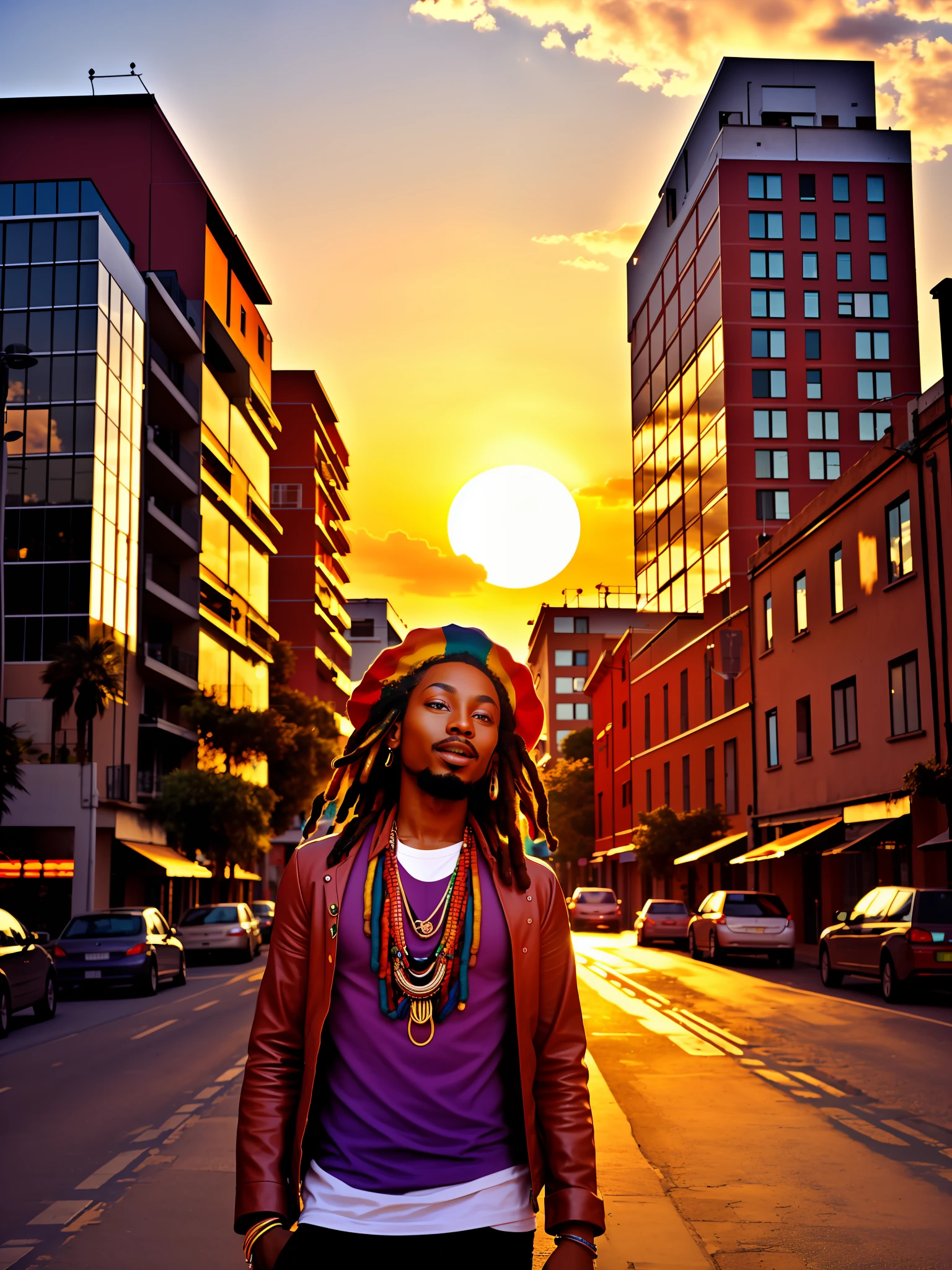 Rasta reggae in city with warm colors and a sunset