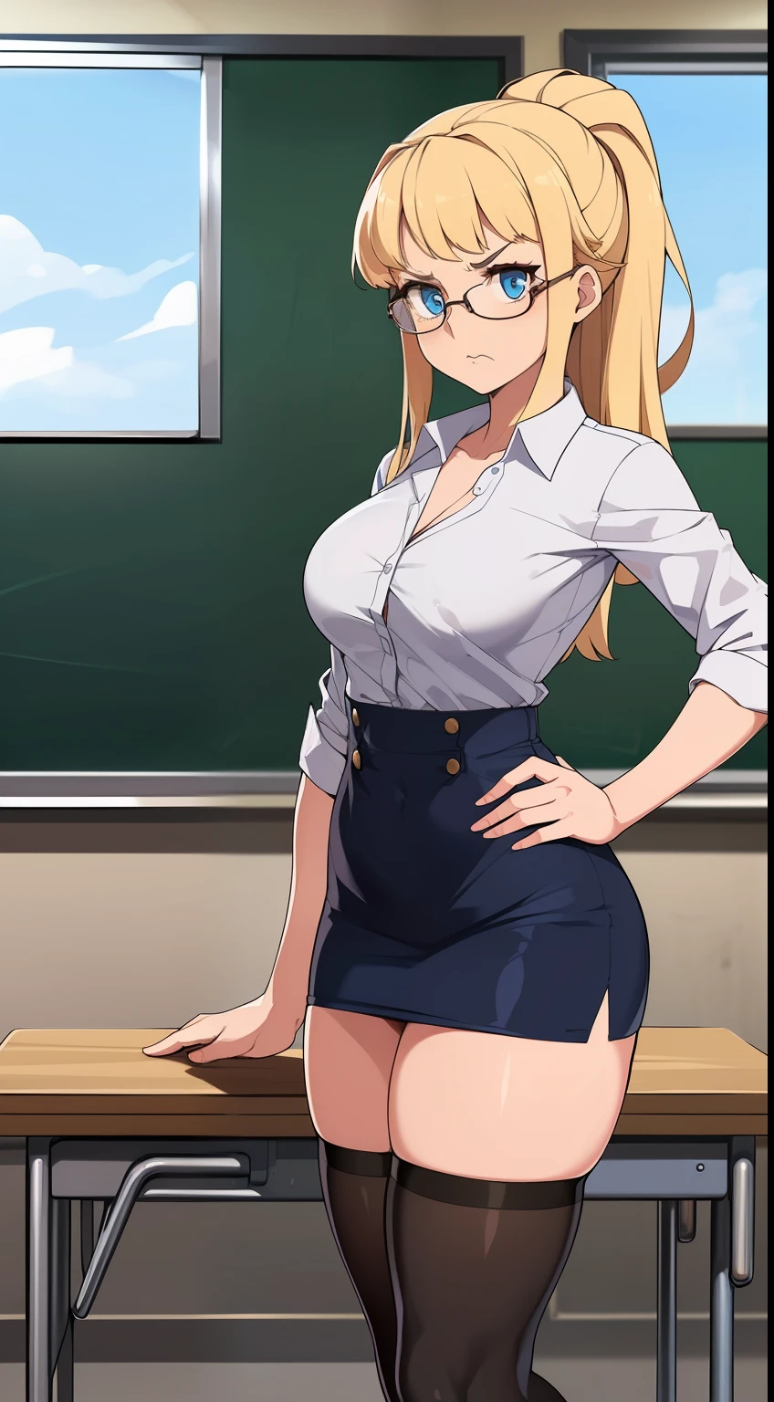 ((((kipteitei art)))), ((highres)),Masterpiece, high quality, best quality, beautiful, perfect lighting, detailed face, ultra cute face, ((1girl)), ((solo), long blonde hair, ponytail, blue eyes, glasses, unhappy look, serious look, looking at viewer, standing in a classroom, (classroom), daytime, dress shirt, pencil skirt, one hand on hip, ((thigh highs)), wide hips, thick thighs, medium breasts, perky breasts, 24 year old female,