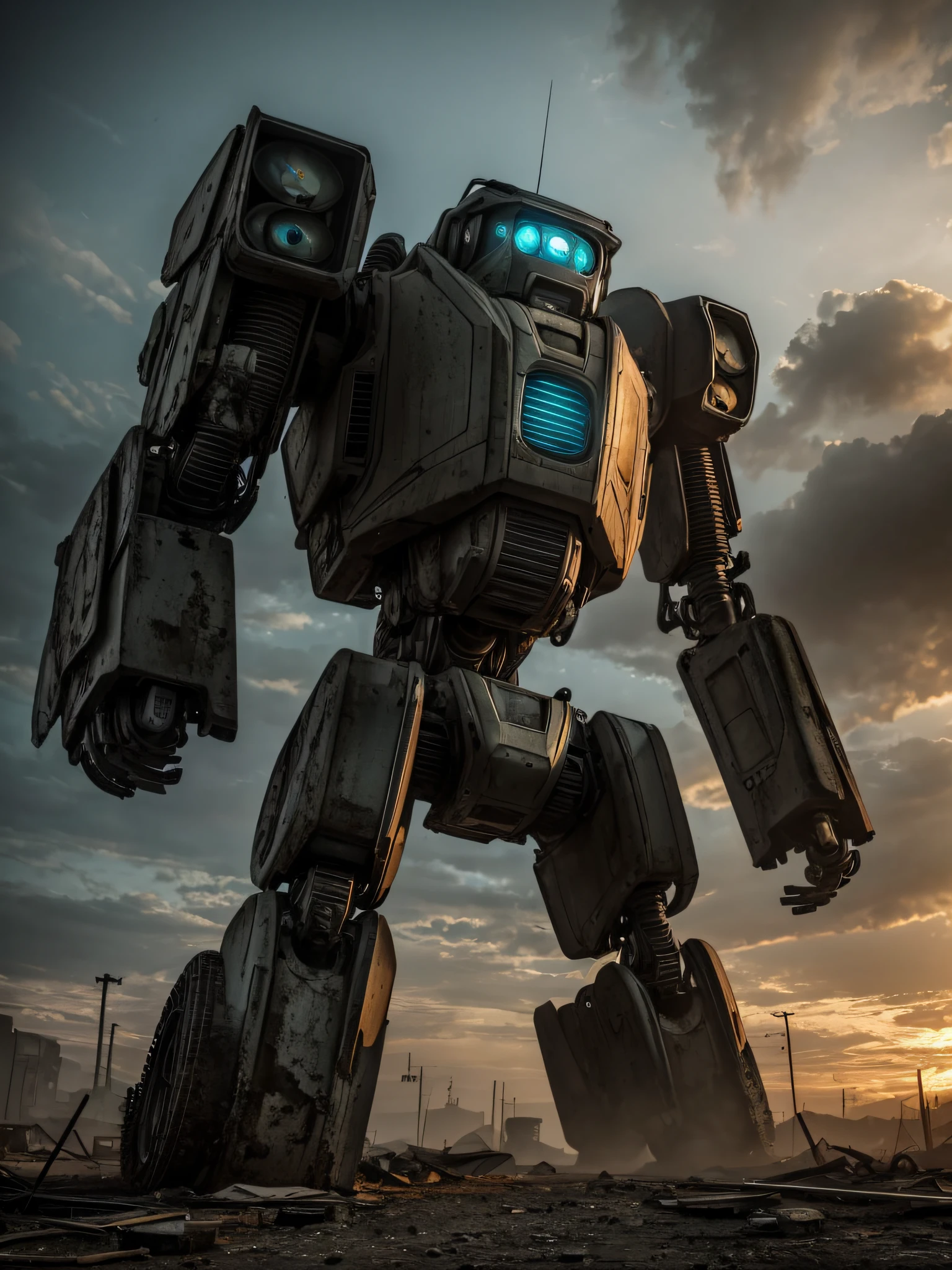 Capture the eerie and desolate atmosphere of a post-apocalyptic city with the image of a robot equipped with advanced artificial intelligence. Using the Nikon D850 and the Nikkor 24-70mm f/2.8E ED VR lens, position yourself to showcase the decaying urban landscape in the background, emphasizing the sense of destruction and abandonment. Frame the robot in a way that highlights its mechanical features and futuristic design, giving it a powerful and enigmatic presence. Experiment with lighting to create dramatic shadows and contrasts, further enhancing the haunting atmosphere. This image portrays the juxtaposition of advanced technology against a backdrop of desolation, offering a glimpse into a future world where machines roam amidst the ruins of civilization.